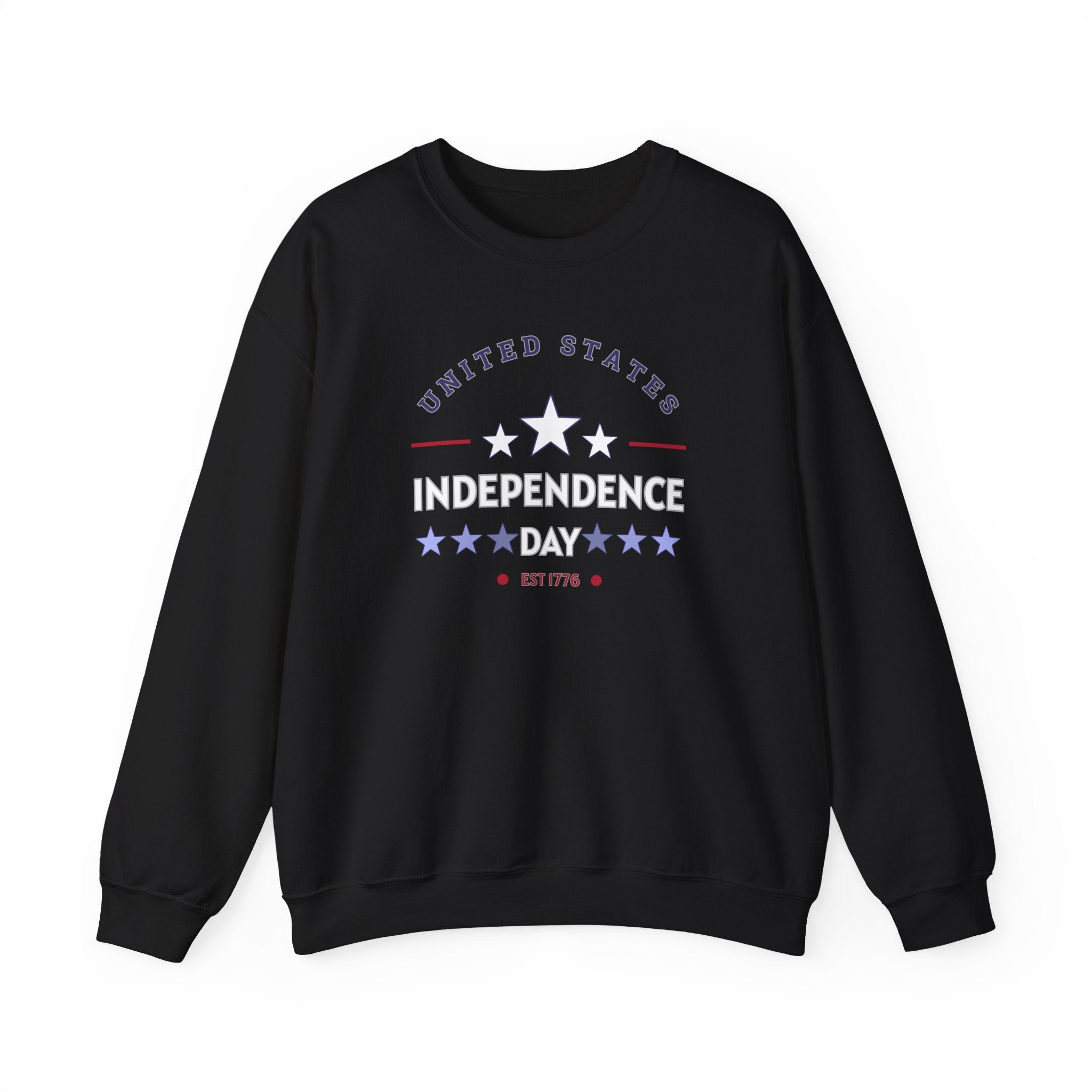 Black sweatshirt with 'United States Independence Day' text and star design on a white background