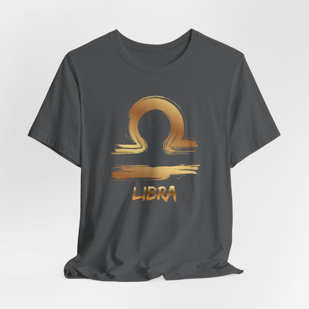 Gray t-shirt with gold Libra zodiac symbol on a light gray background