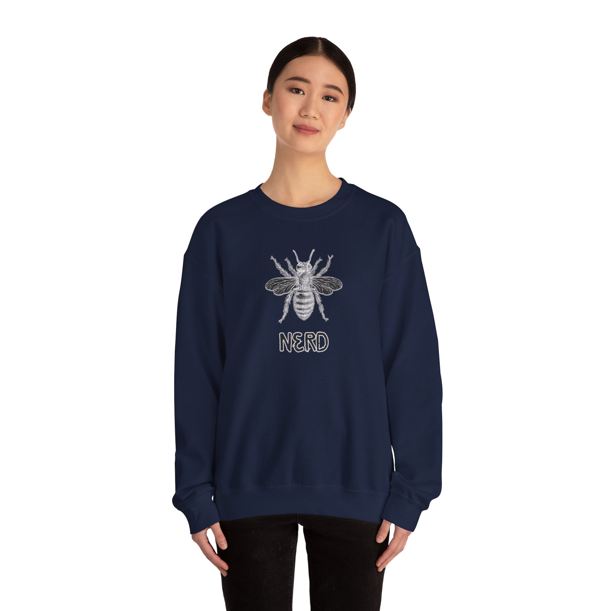 Person wearing a navy blue sweatshirt with bee graphic and 'NERD' text on a white background