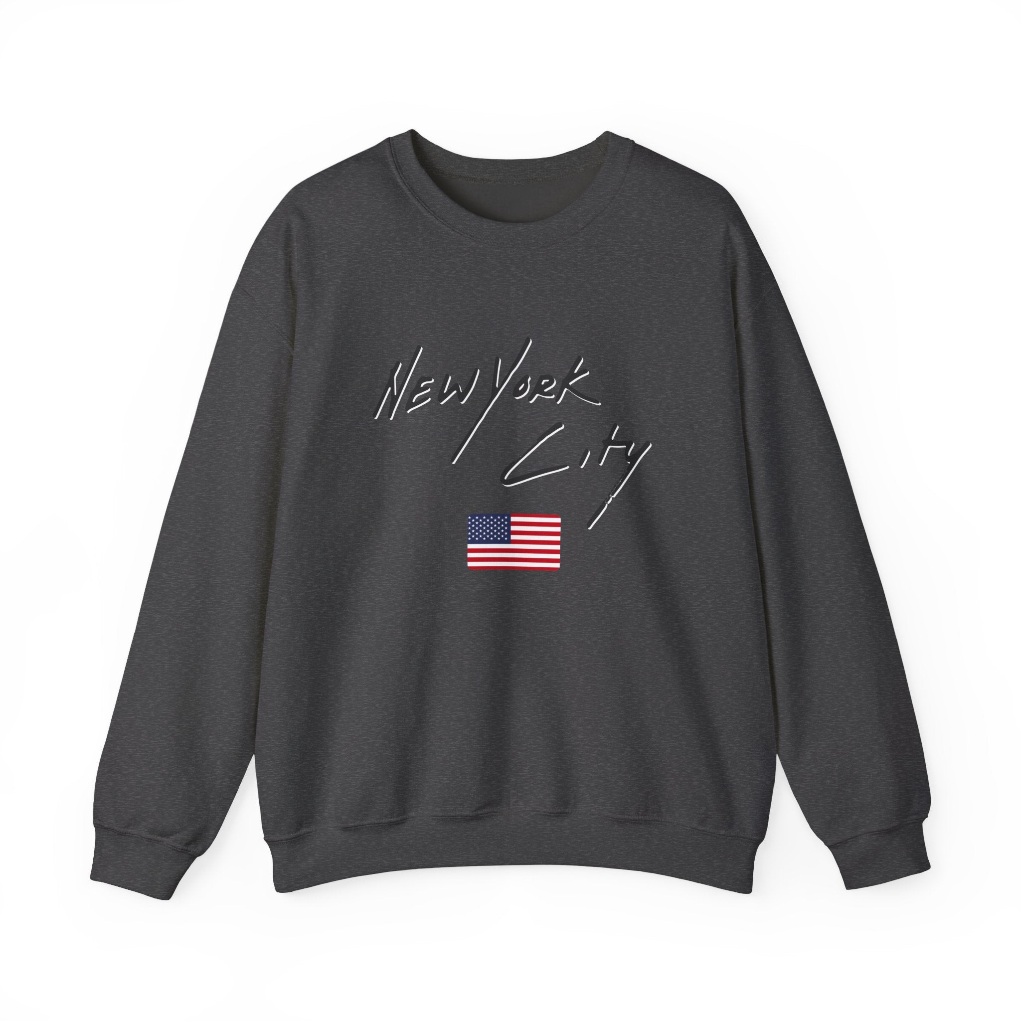 Dark gray sweatshirt with 'New York City' text and American flag on a white background