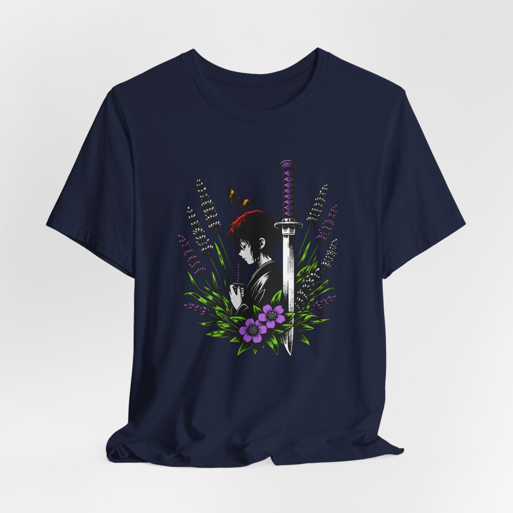 Navy blue t-shirt with a graphic design of a sword and flowers on a white background