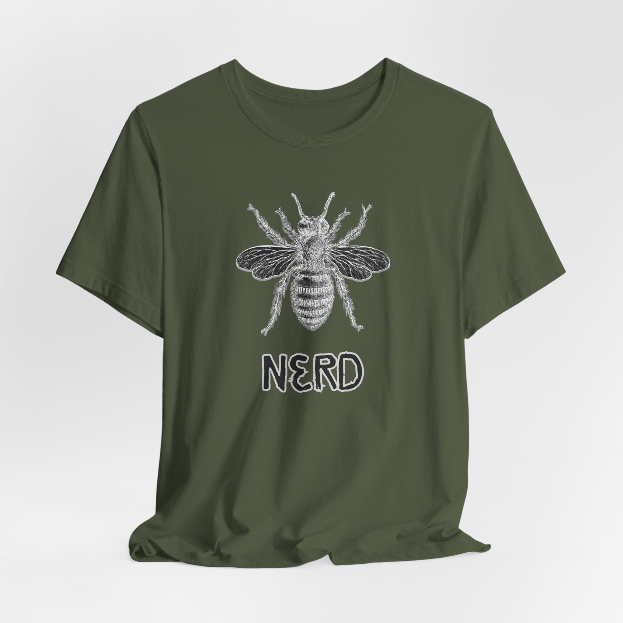 Green t-shirt with bee graphic and "NERD" text print on a white background