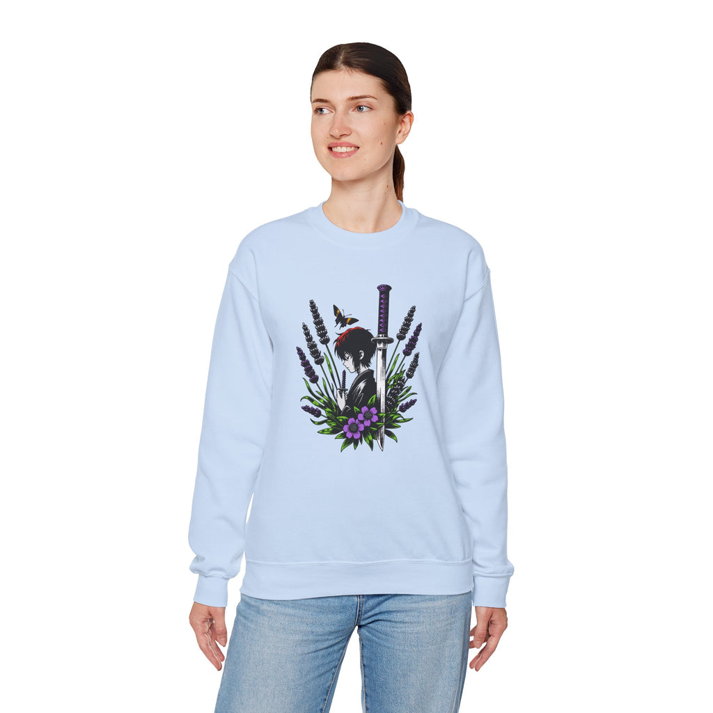 Light blue sweatshirt with a manga, butterfly, and sword design on a white background