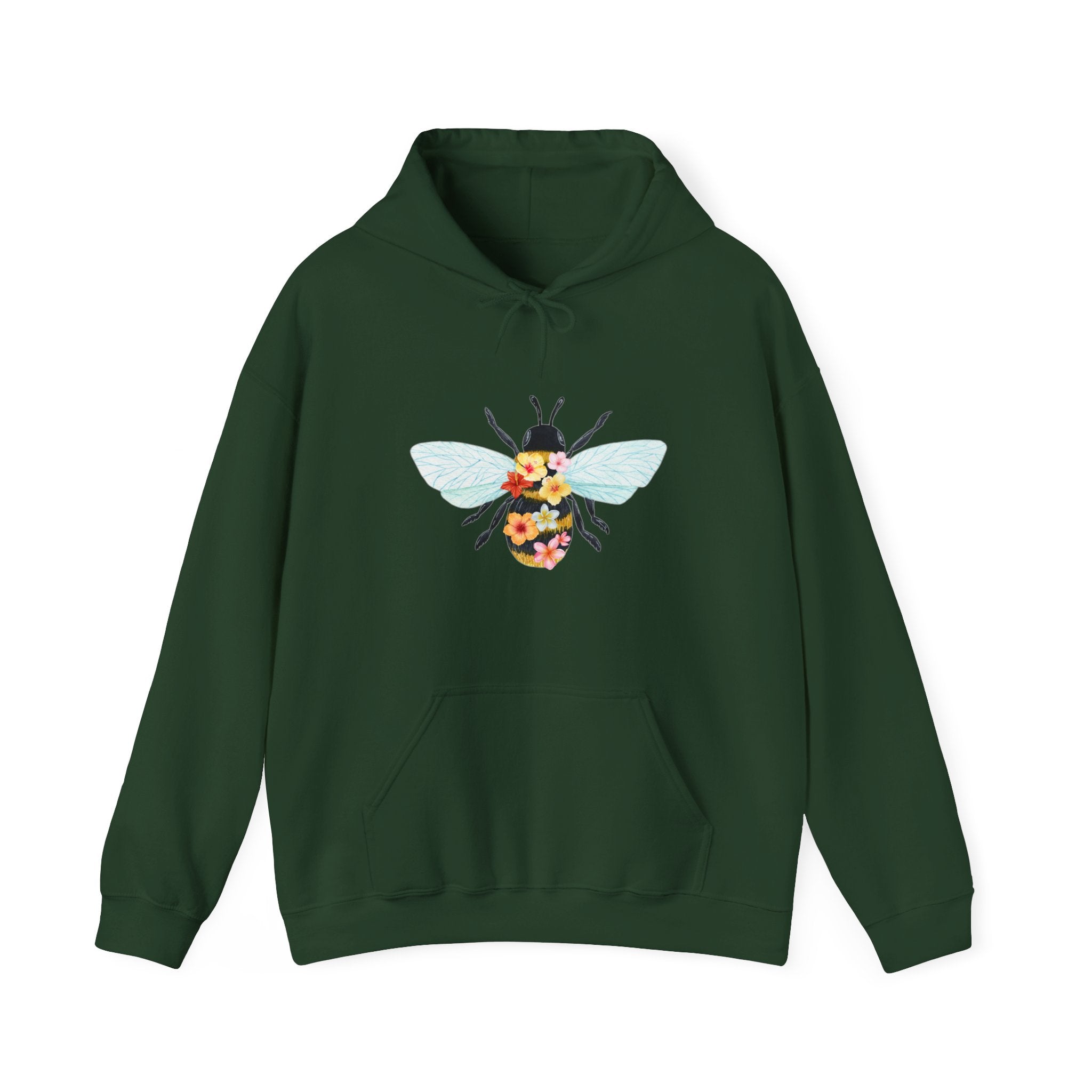 Green hoodie with floral and bee design on a white background