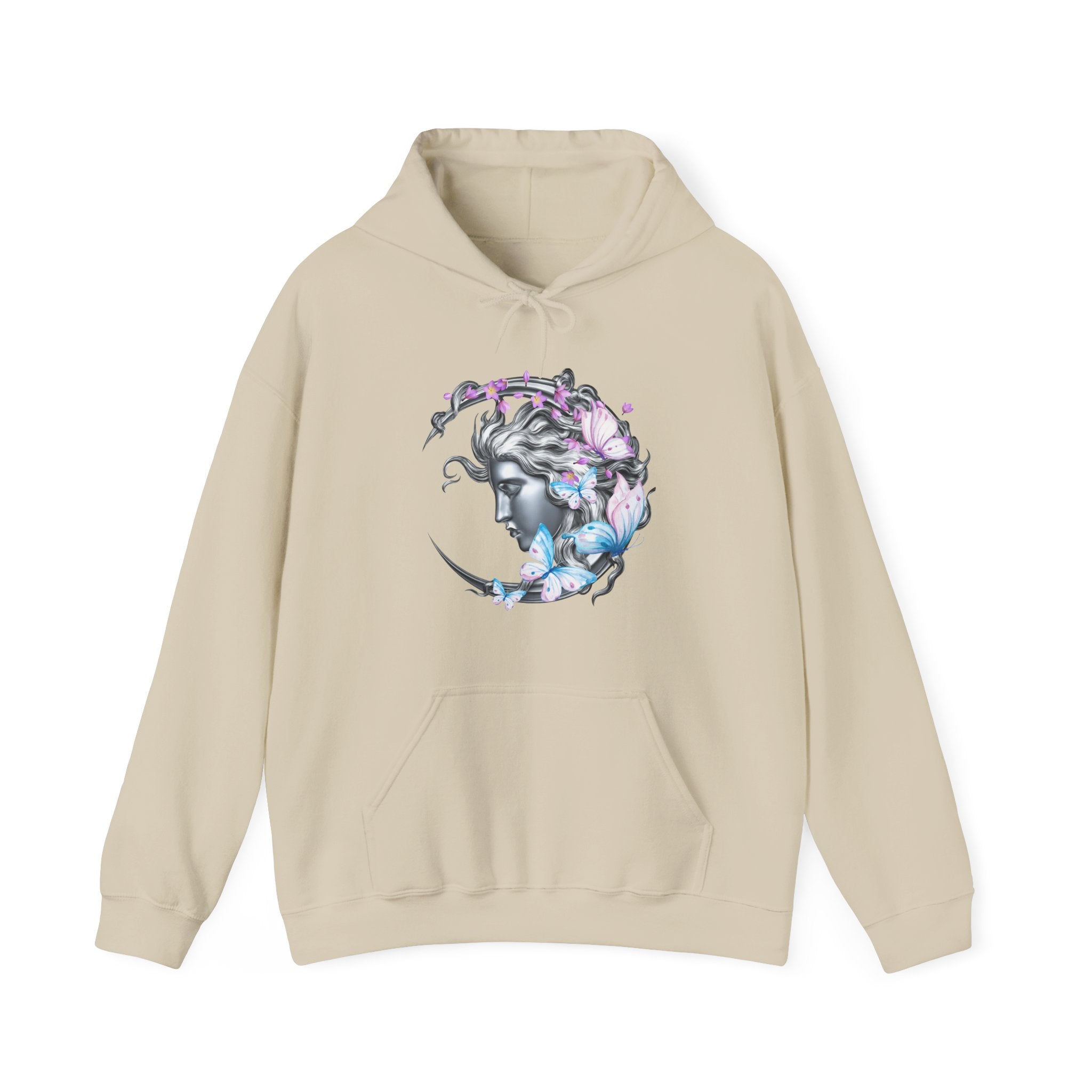 Beige hoodie with a woman and flower design on a white background