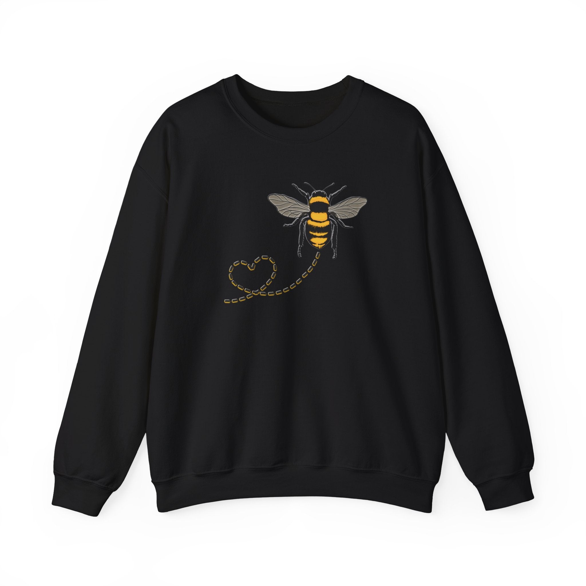 Black sweatshirt with a bee and dotted heart design on a white background