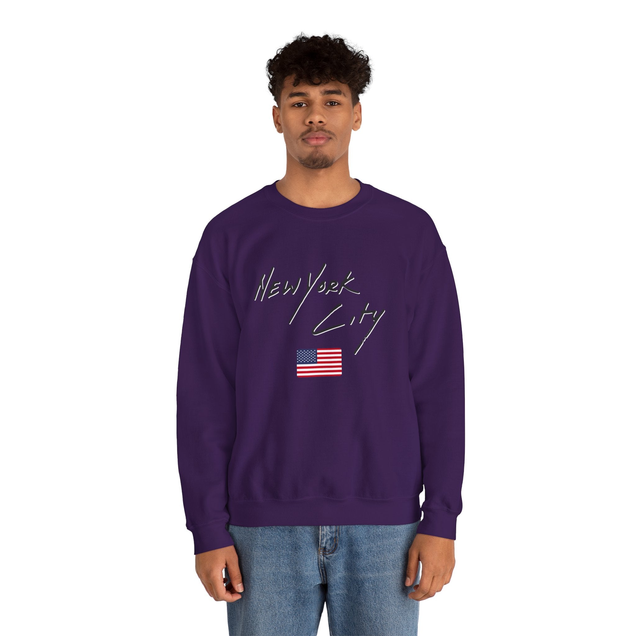 Man wearing a navy blue sweatshirt with 'New York City' text and American flag on a white background