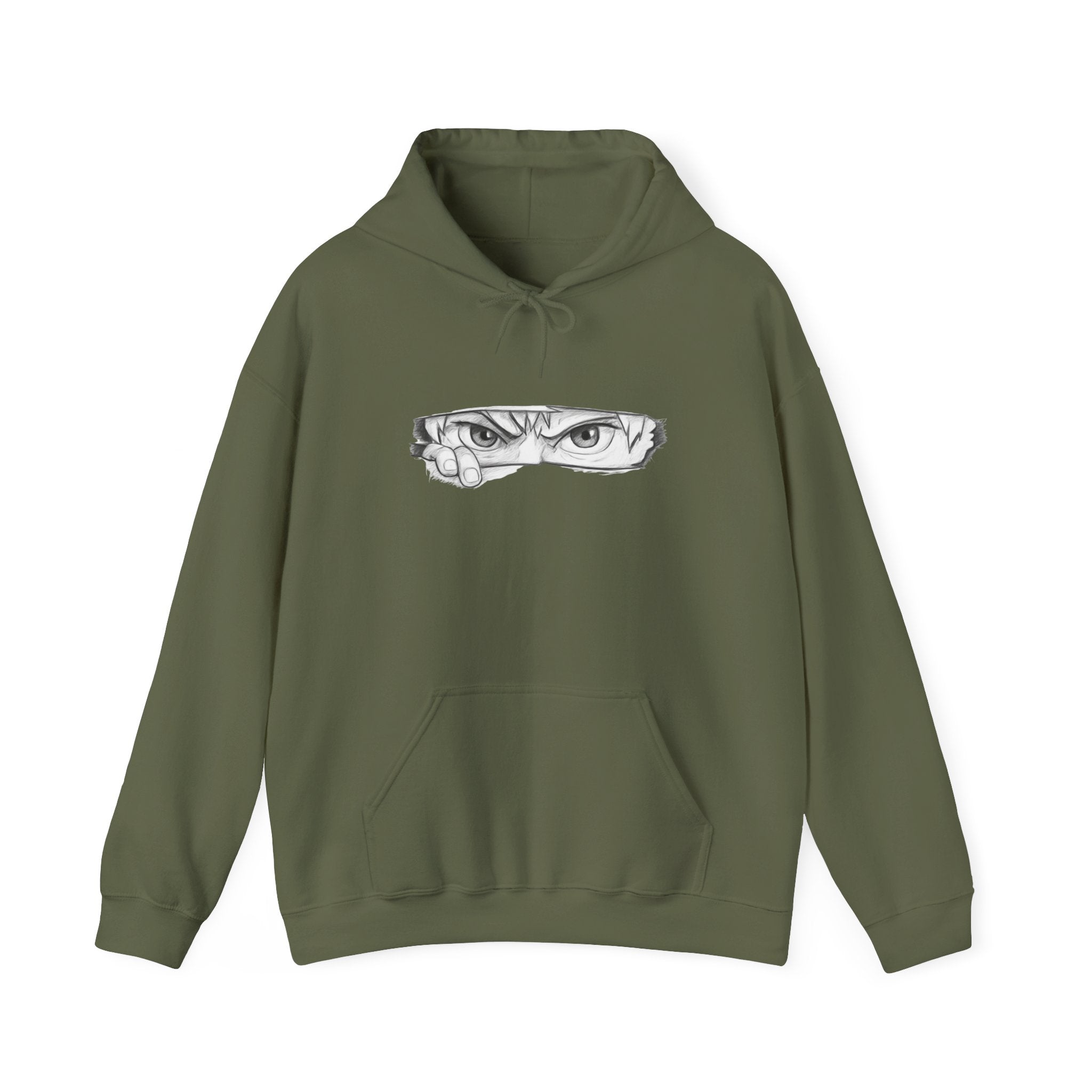 Green hoodie with a graphic of a anime eye on a white background