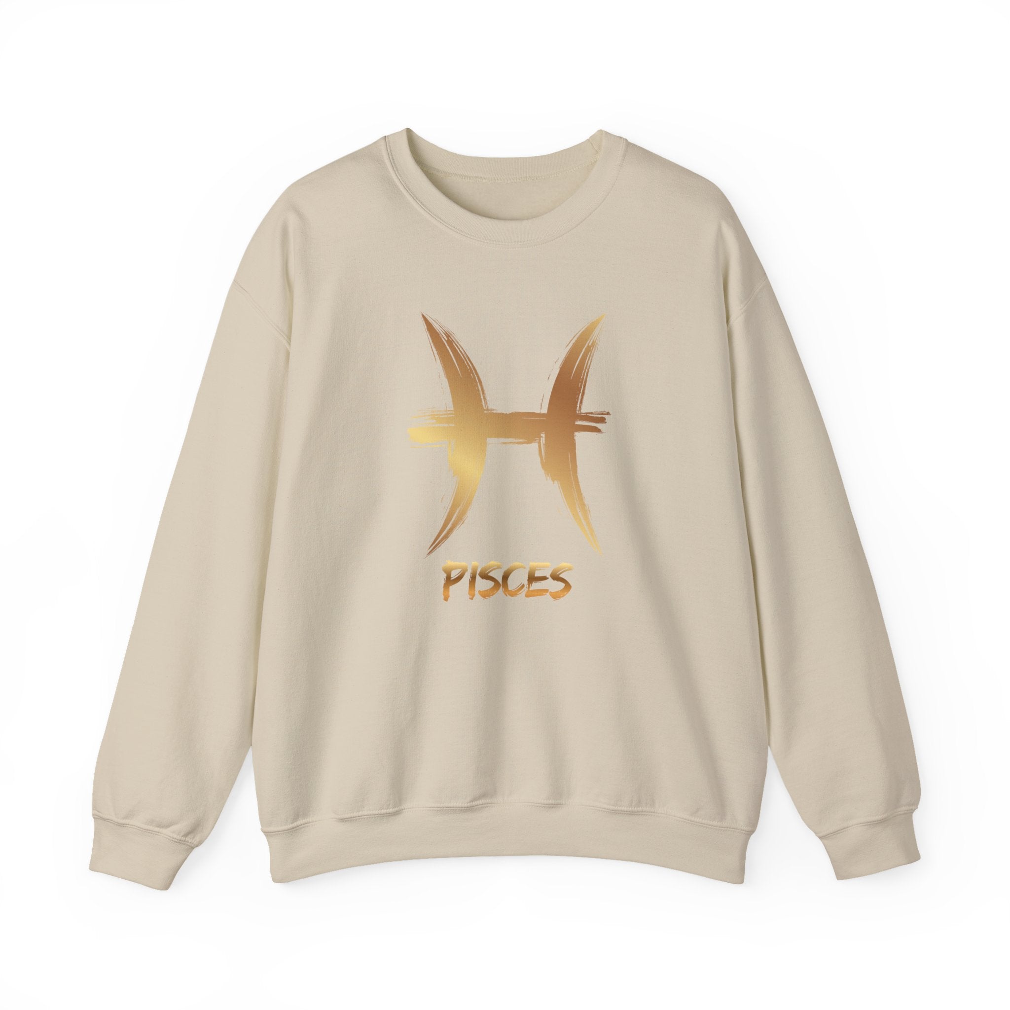 Beige sweatshirt with gold Pisces symbol and text on a white background