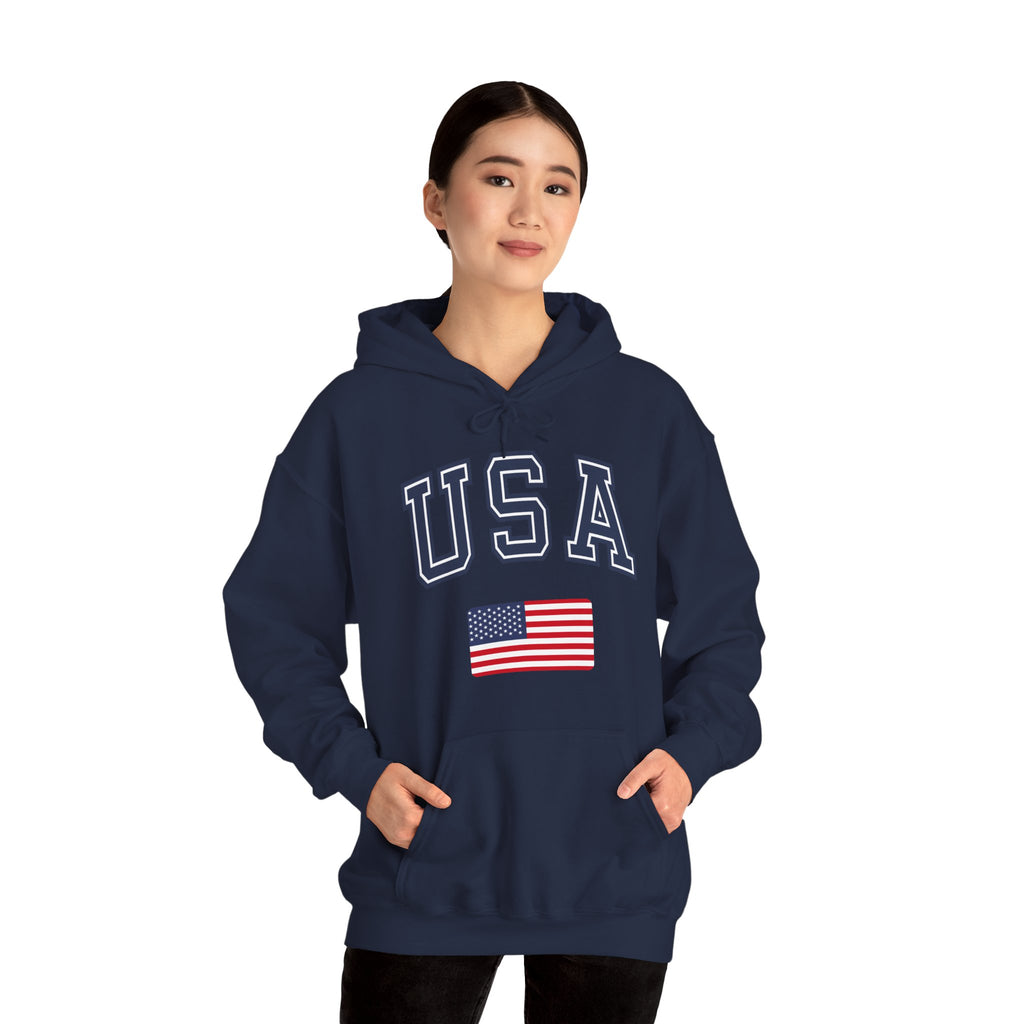 Person wearing a navy blue hoodie with 'USA' and an American flag on a white background