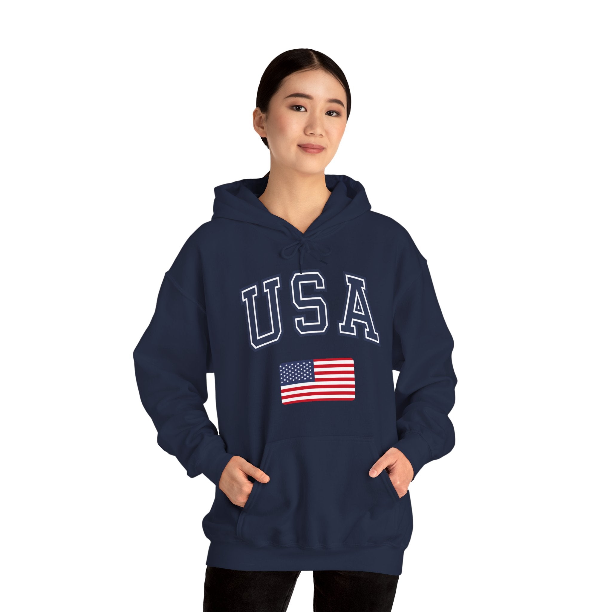 Person wearing a navy blue hoodie with 'USA' and an American flag on a white background