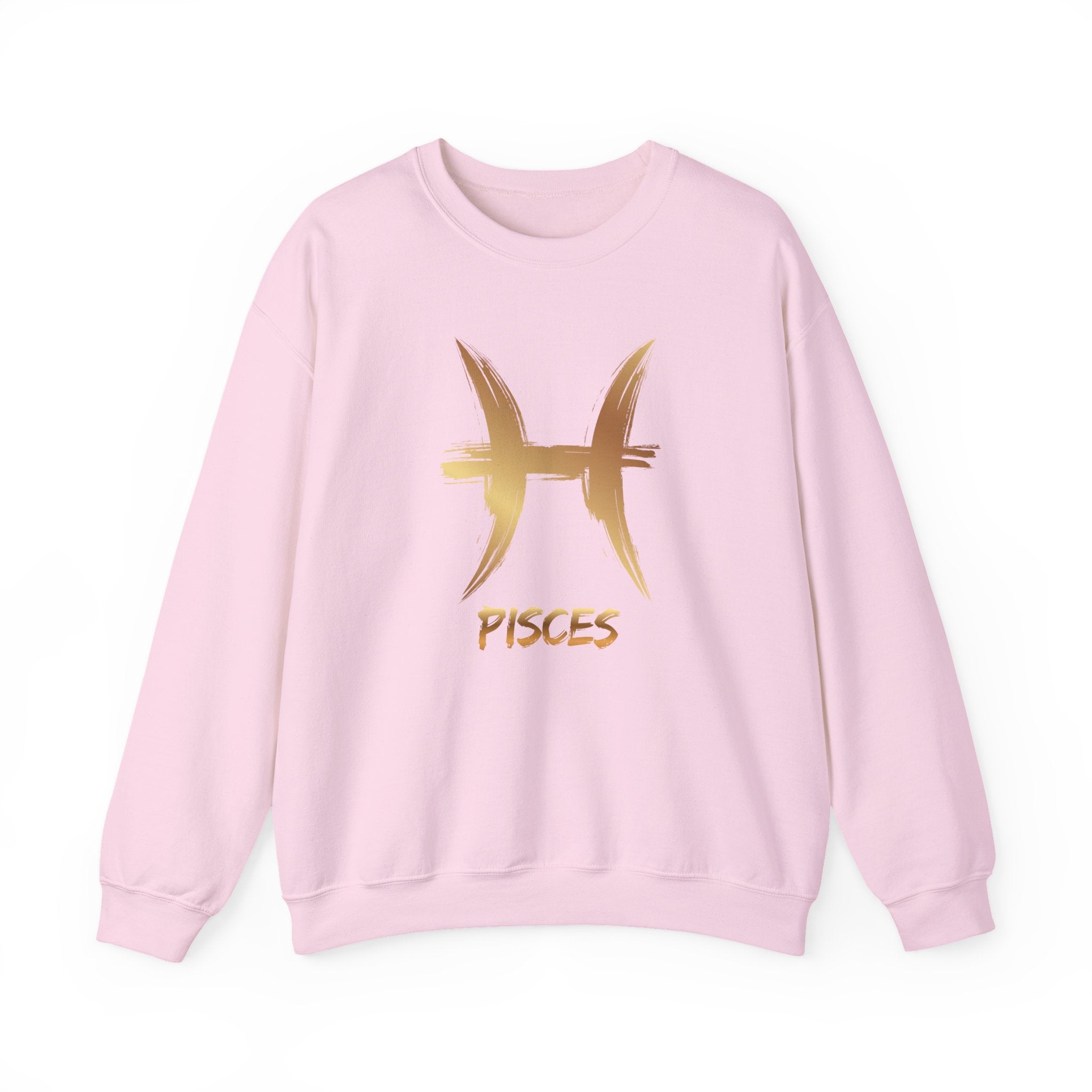 Pink sweatshirt with gold Pisces symbol on a white background