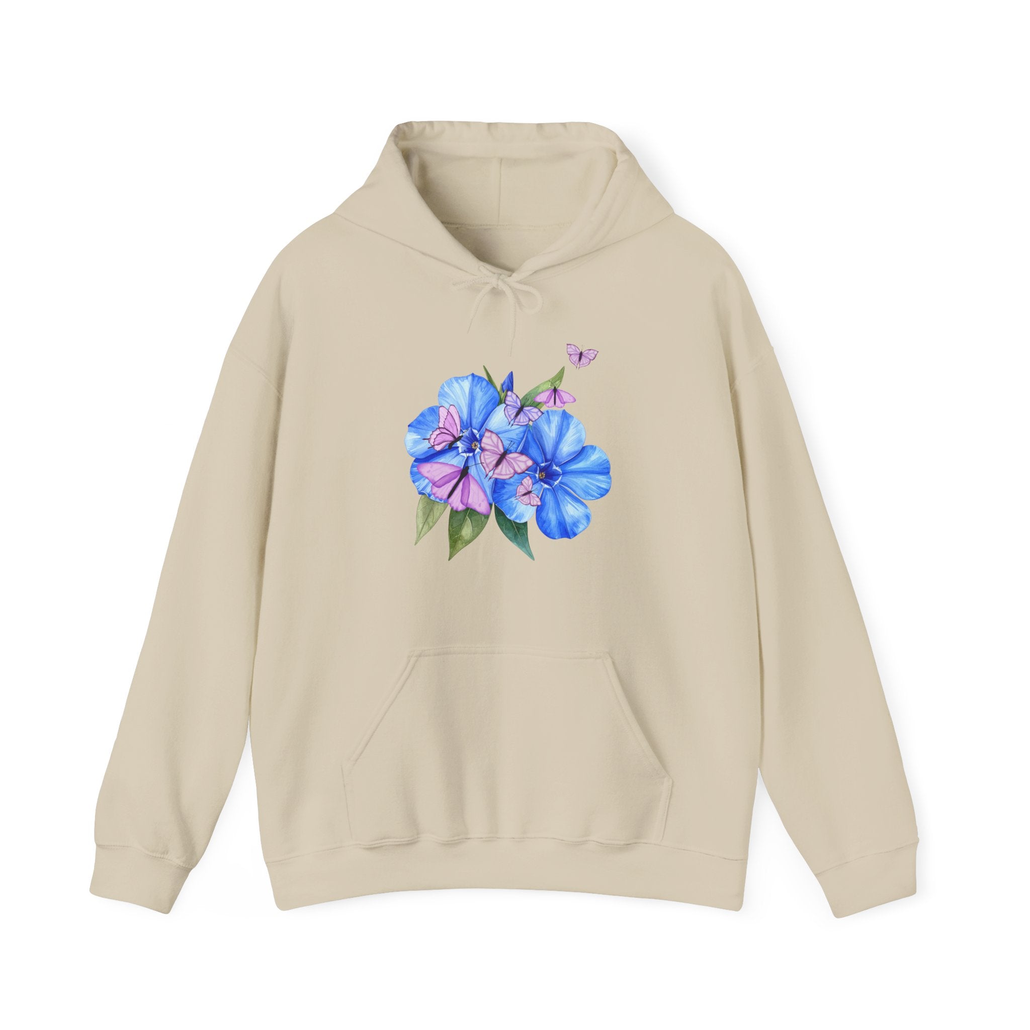 Beige hoodie with a floral design on a white background