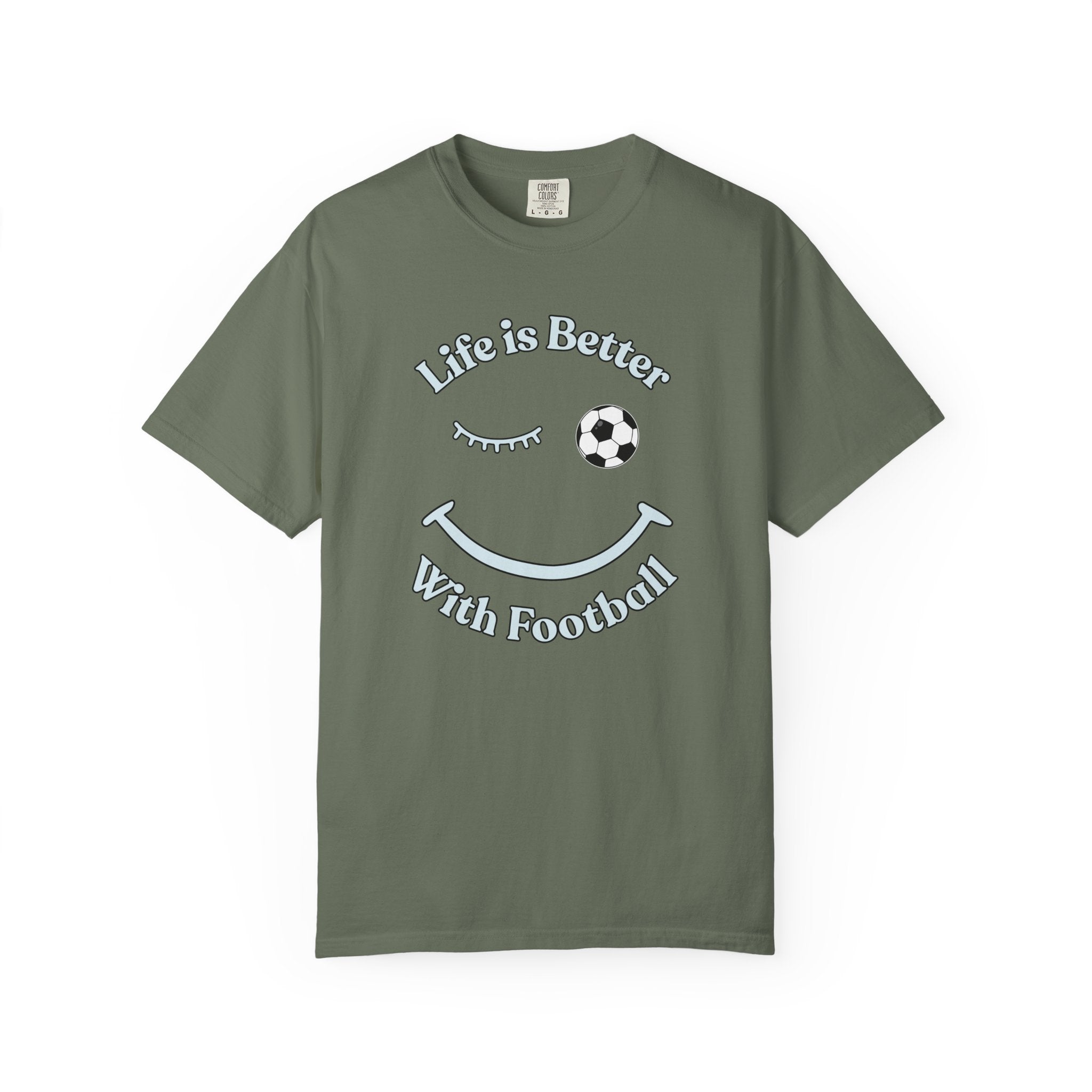 Green t-shirt with 'Life is Better With Football' design on a white background