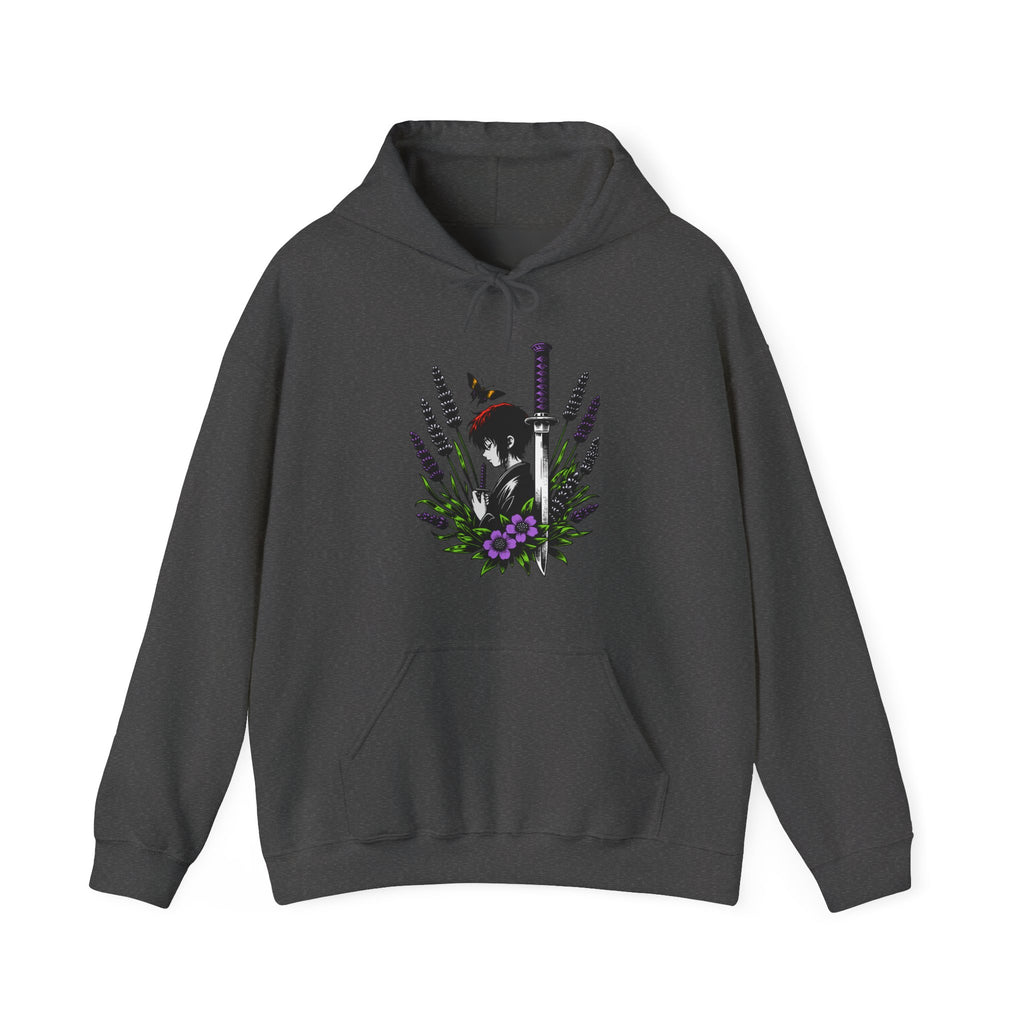 Dark gray hoodie with an anime graphic design on a white background