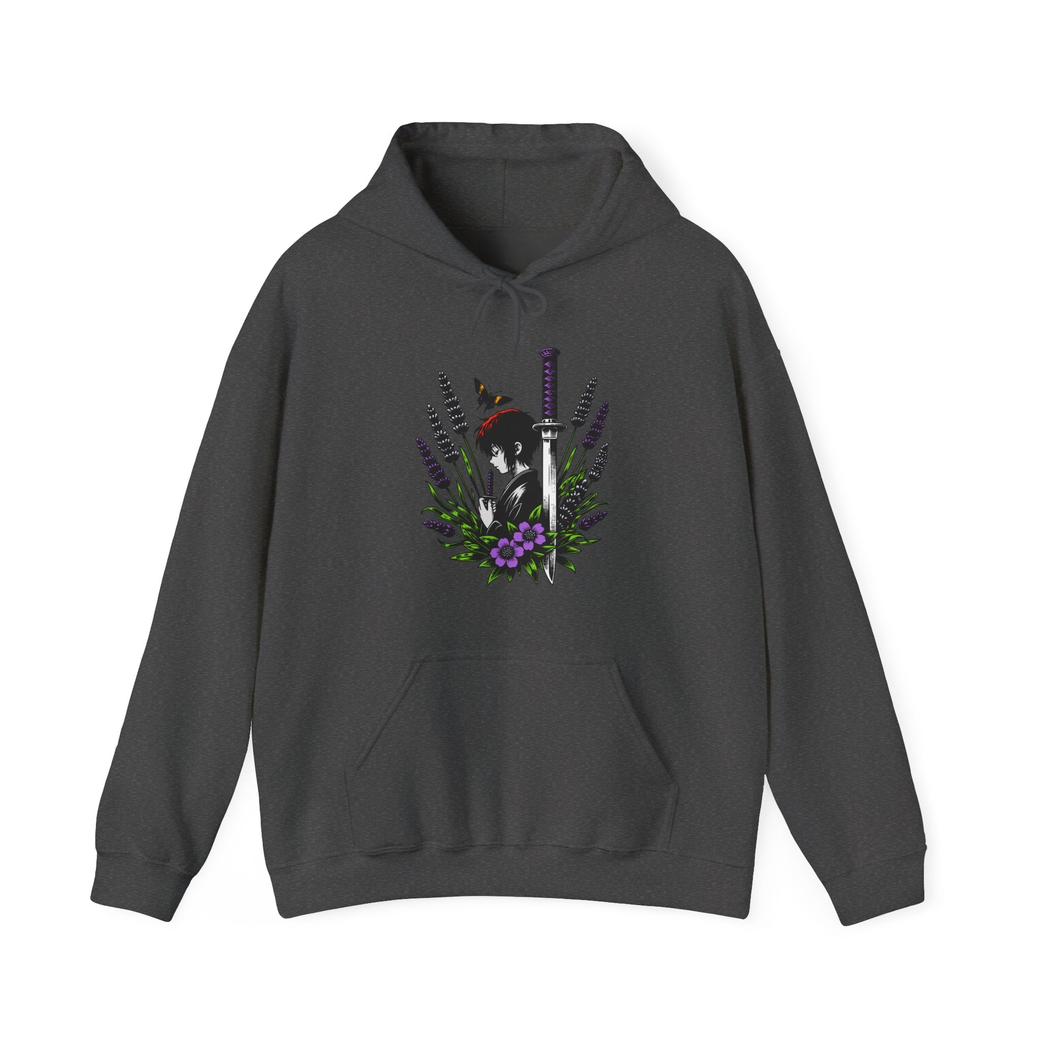 Dark gray hoodie with an anime graphic design on a white background
