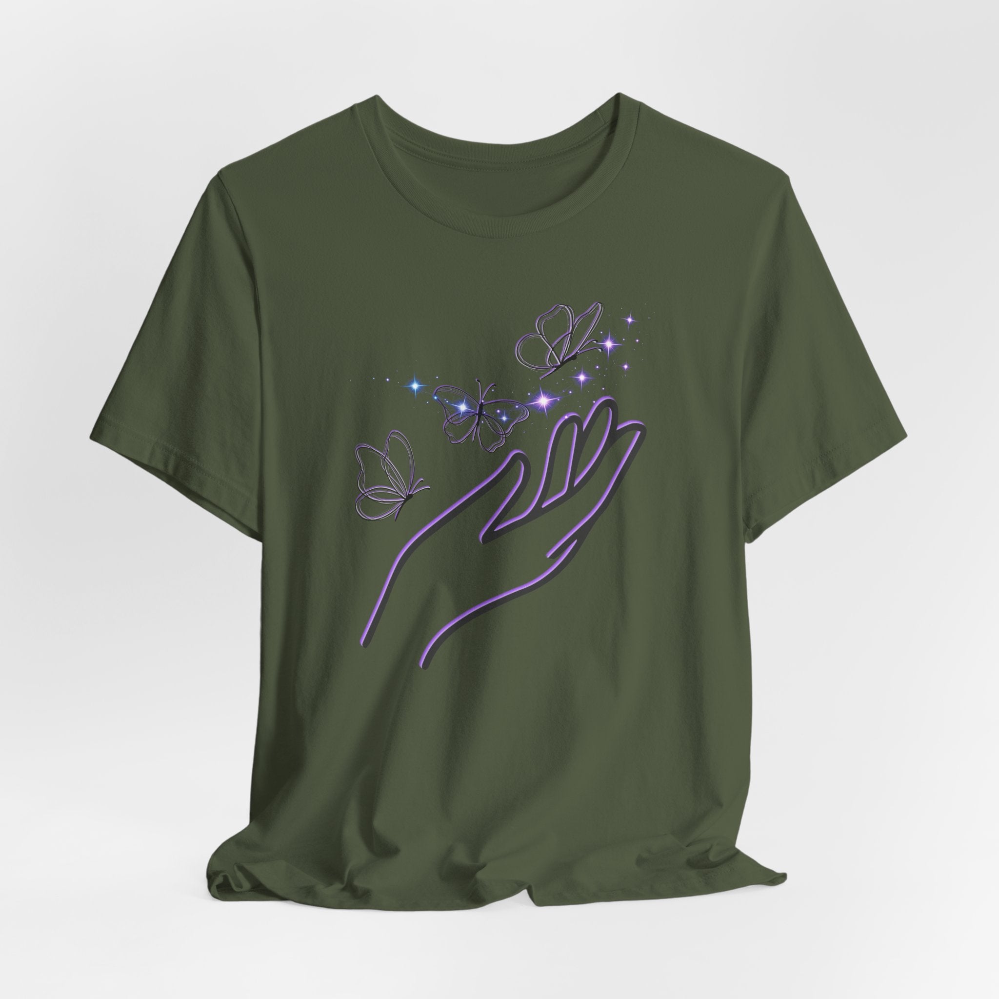 Green t-shirt with a purple hand and butterfly design on a white background