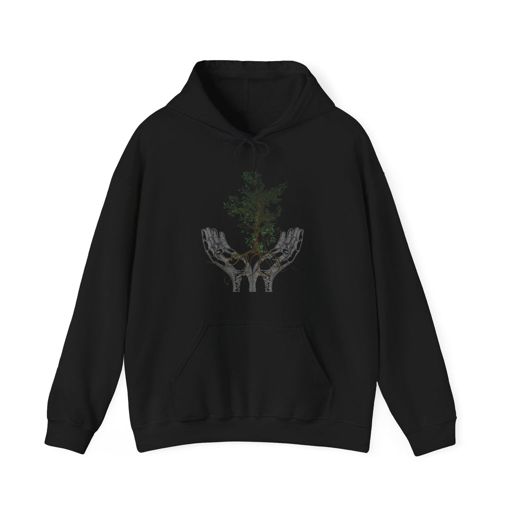 Navy blue hoodie with a graphic of a tree and hand on a white background