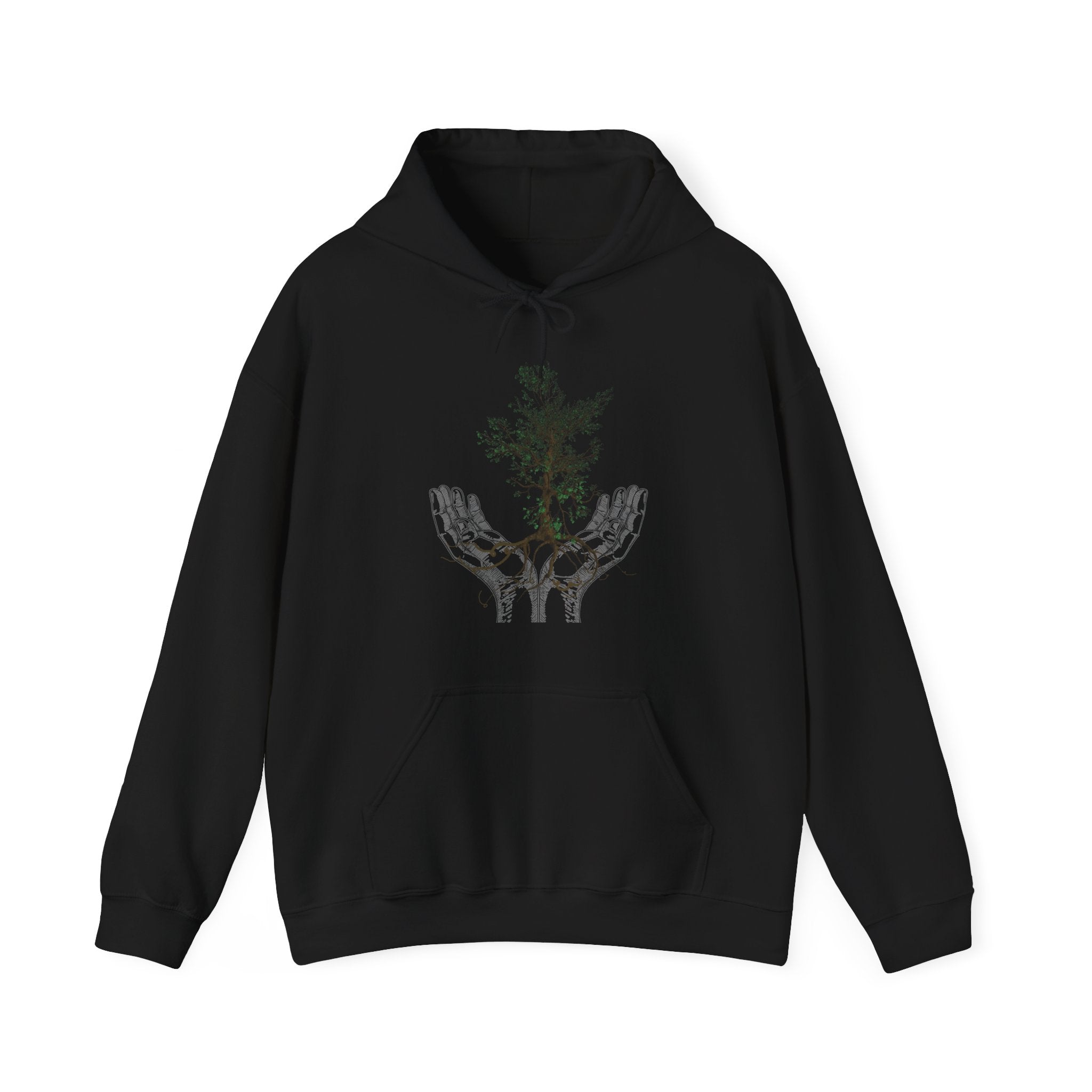 Navy blue hoodie with a graphic of a tree and hand on a white background