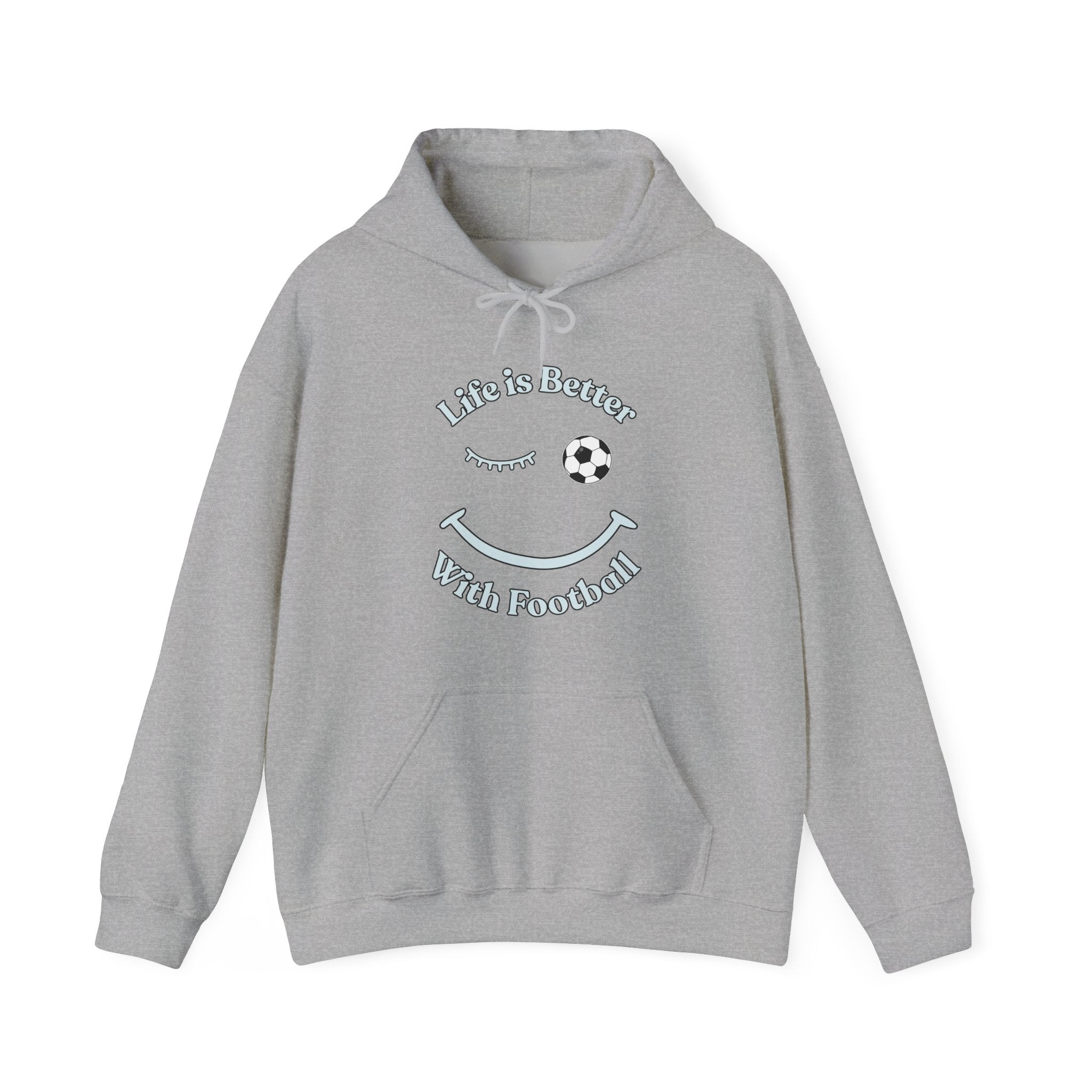 Gray hoodie with 'Life is Better With Football' text and smiley face design on a white background