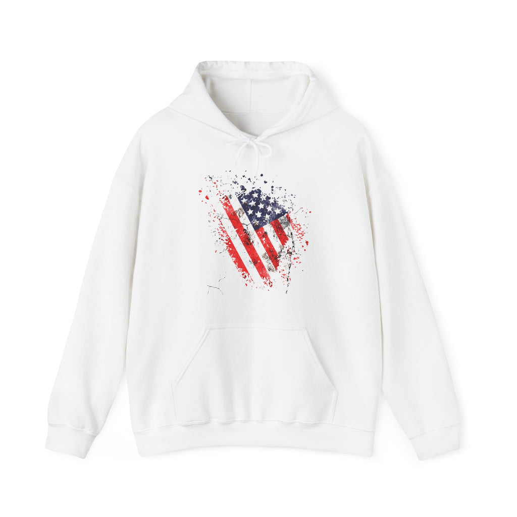 White hoodie with vintage American flag design on a white background