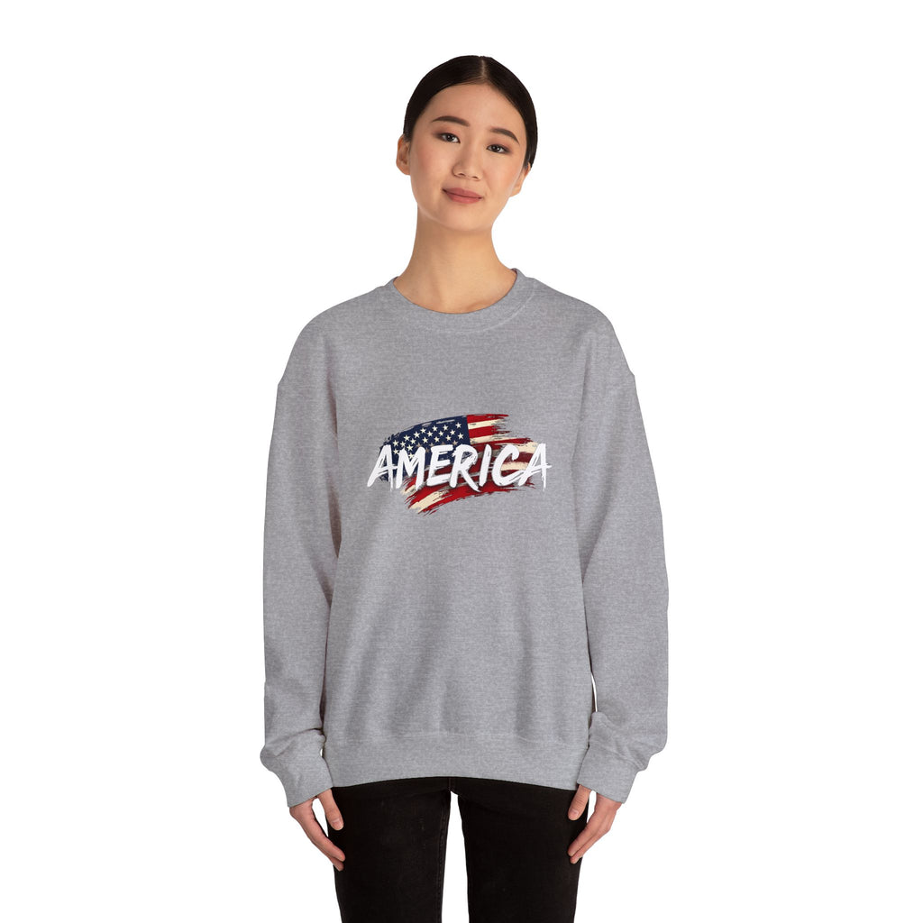 Person wearing a gray sweatshirt with an American flag design and 'AMERICA' text on a white background