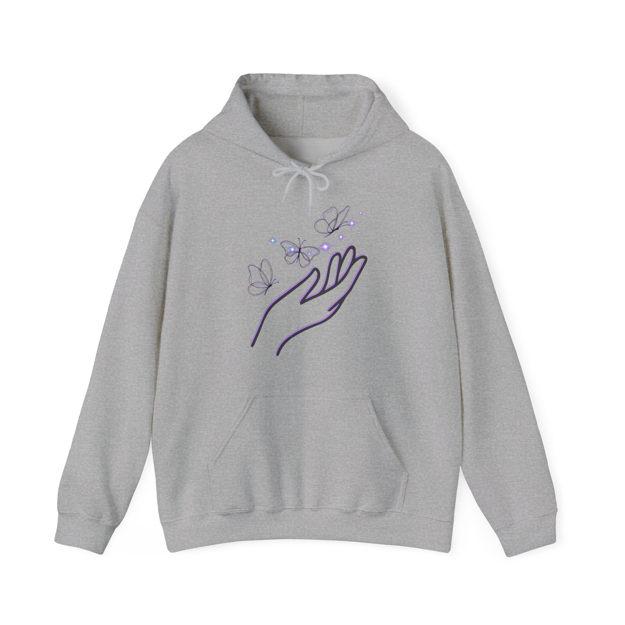 Gray hoodie with a hand and butterfly design on a white background