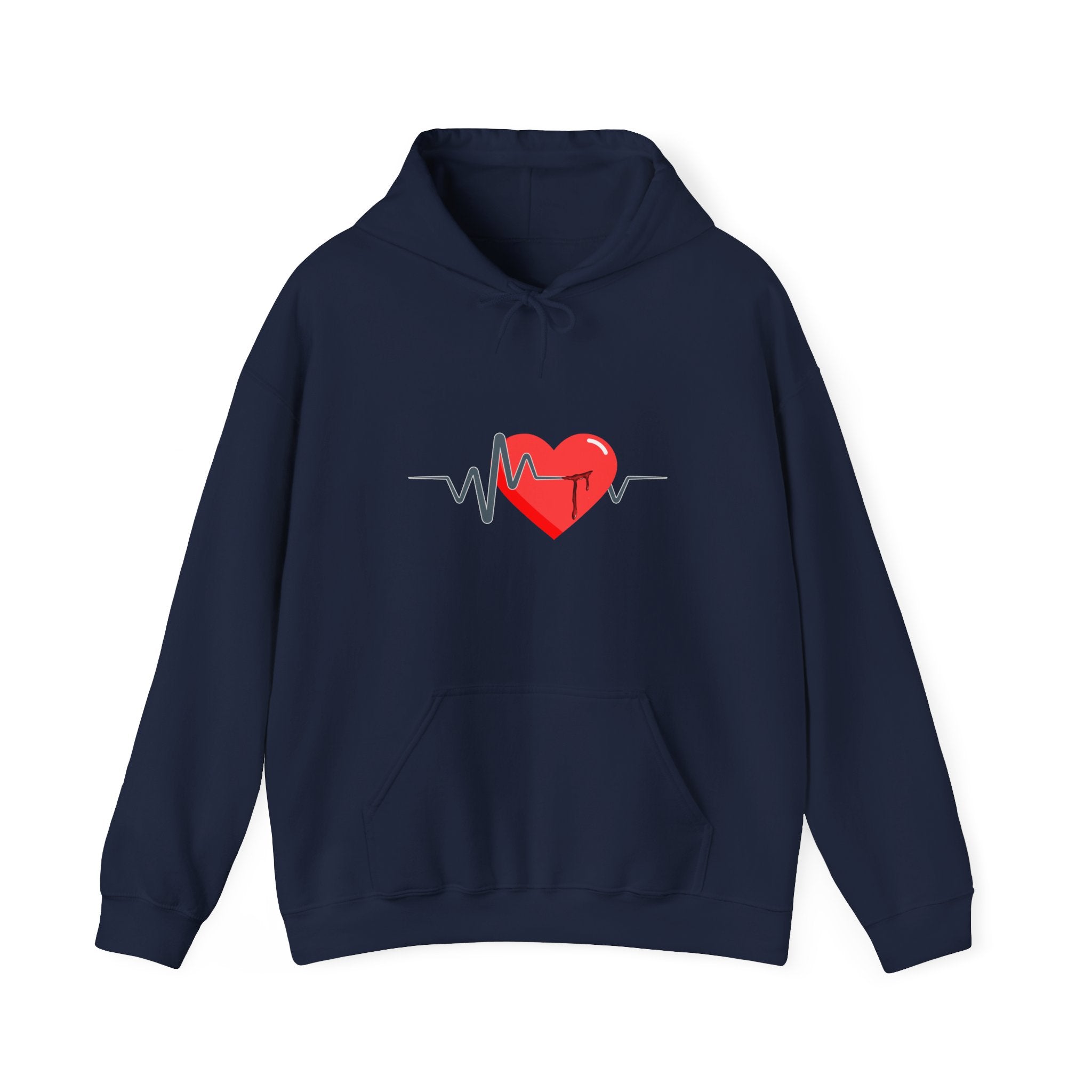 Navy blue hoodie with a red heart and heartbeat line design on a white background