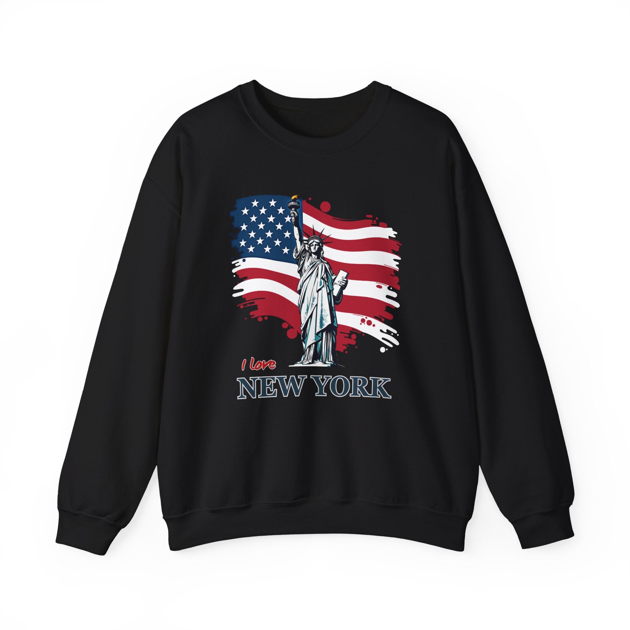 Black sweatshirt with Statue of Liberty and American flag design on a white background
