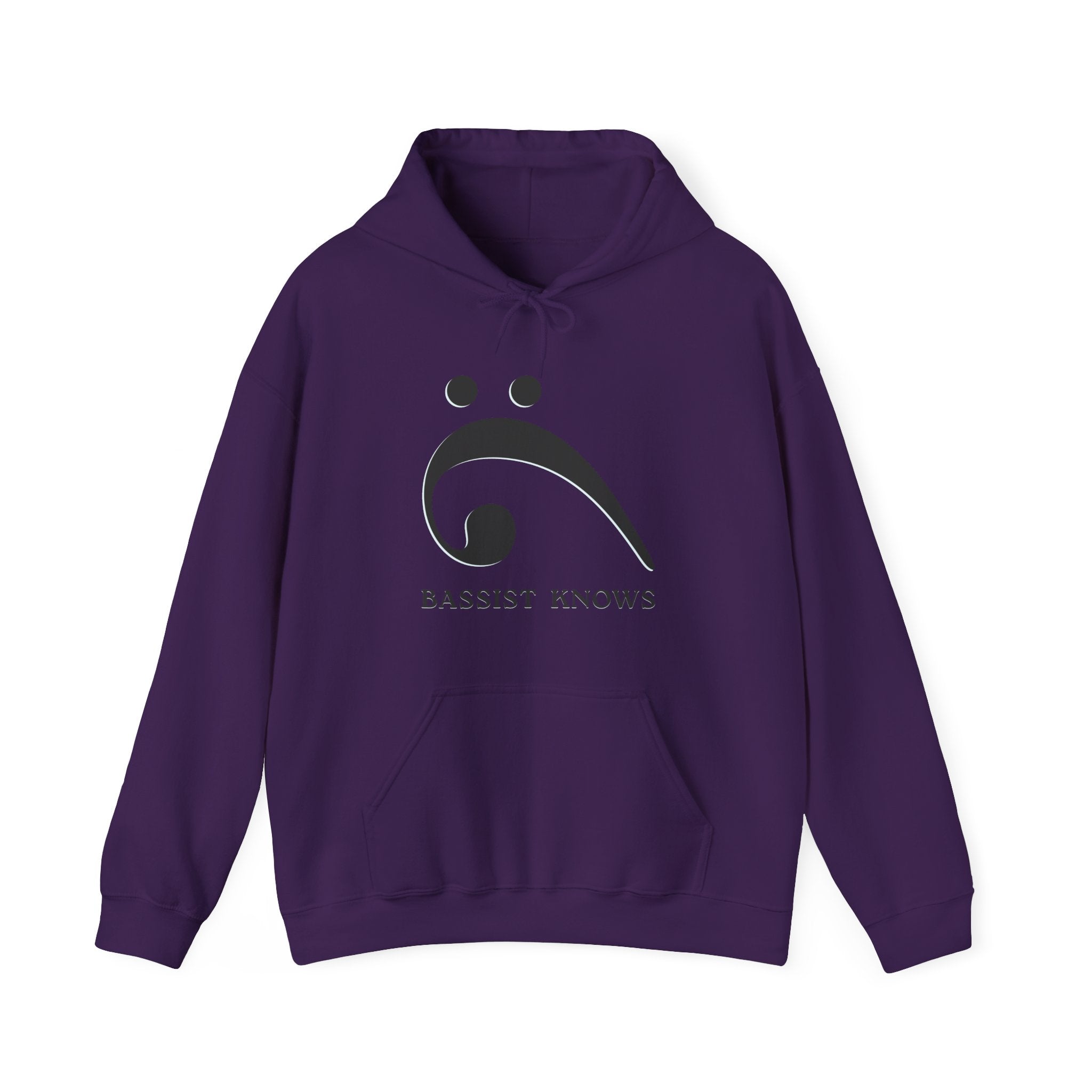 Purple hoodie with a black bass clef graphic and "Bassist Knows" text on a white background