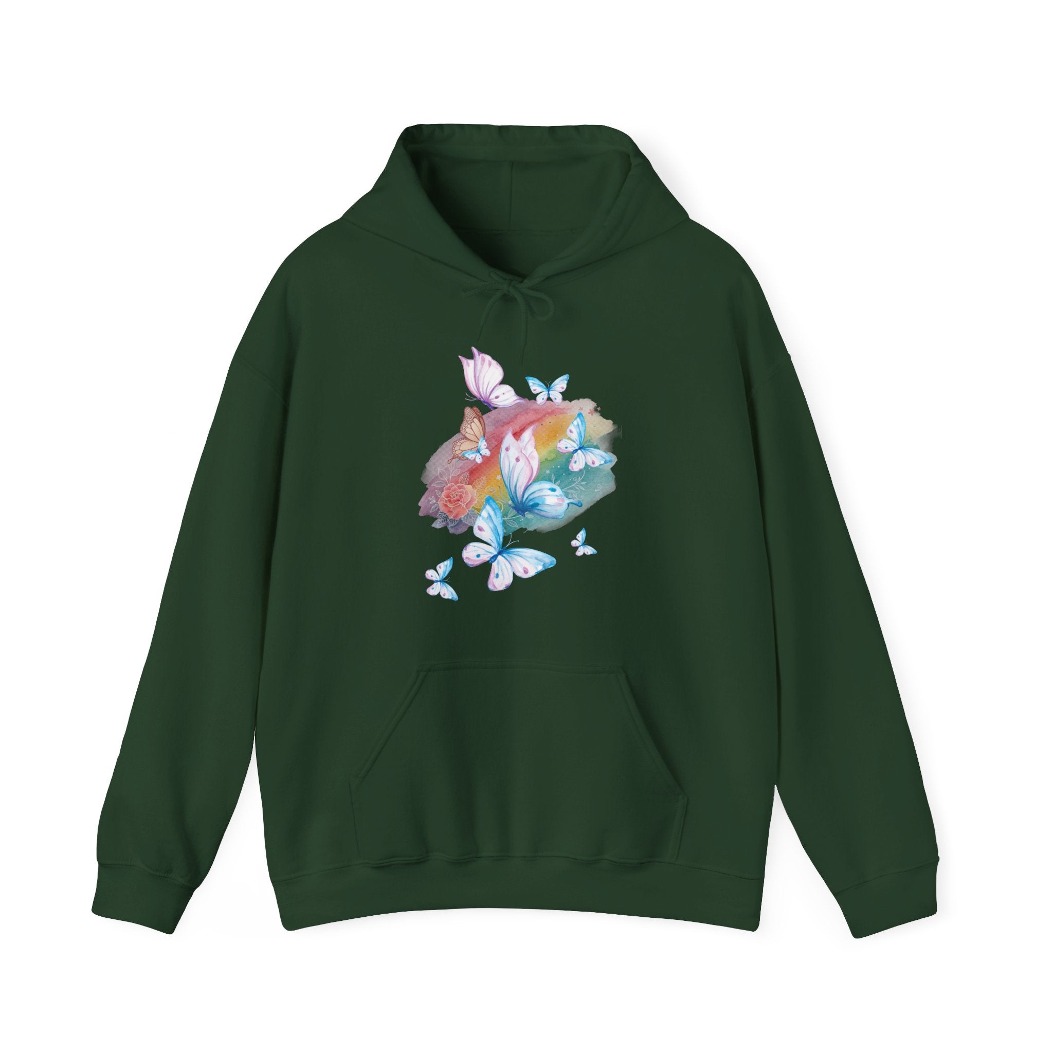 Green hoodie with a colorful floral and butterfly design on a white background