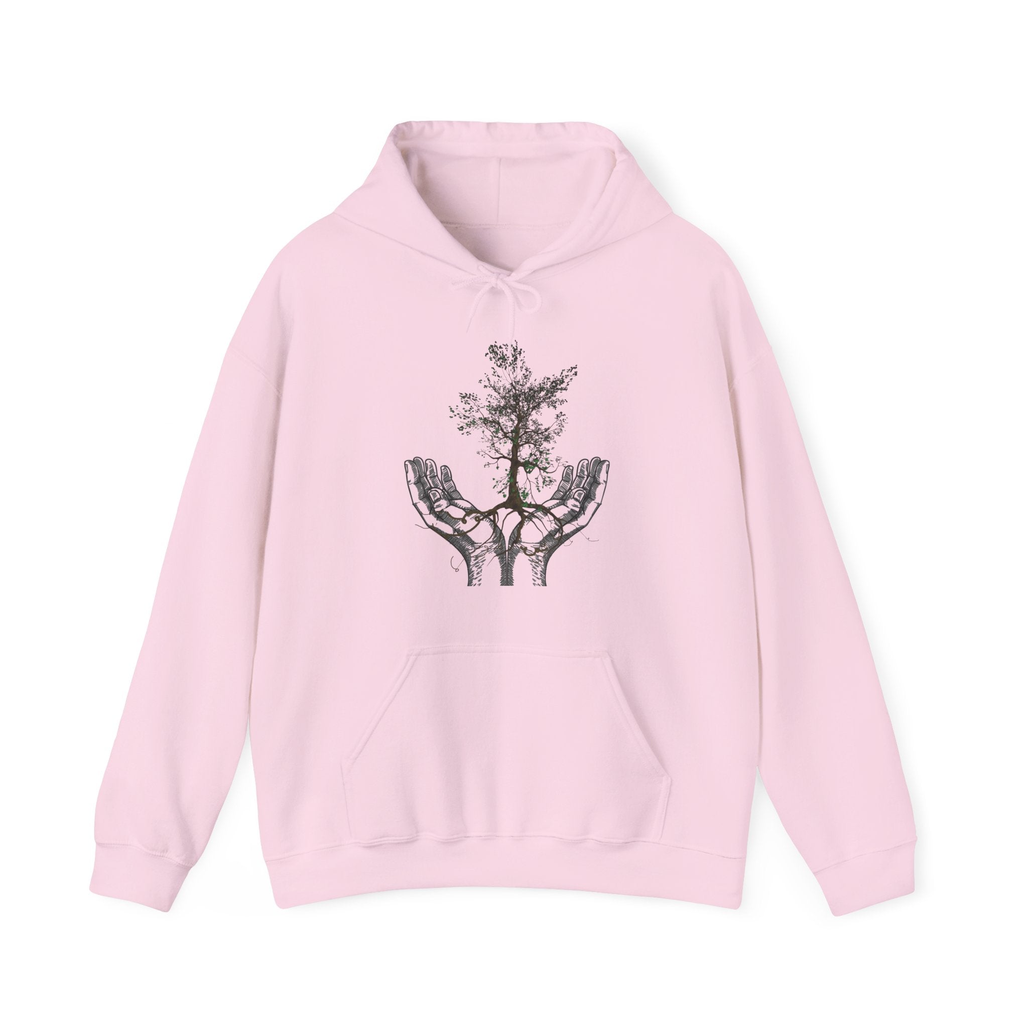 Pink hoodie with a graphic of a tree and hand on a white background