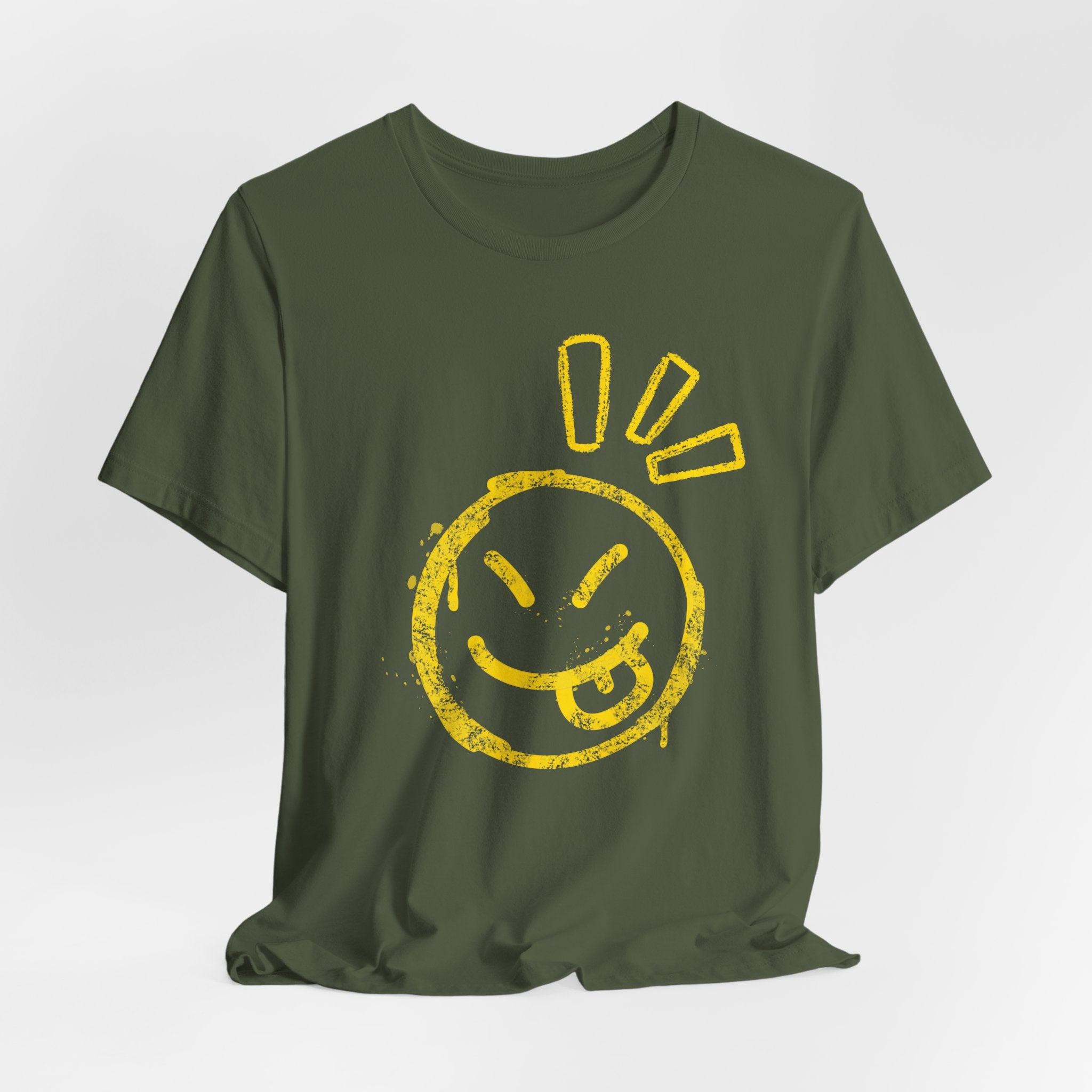 Green t-shirt with yellow smiley face design on a white background