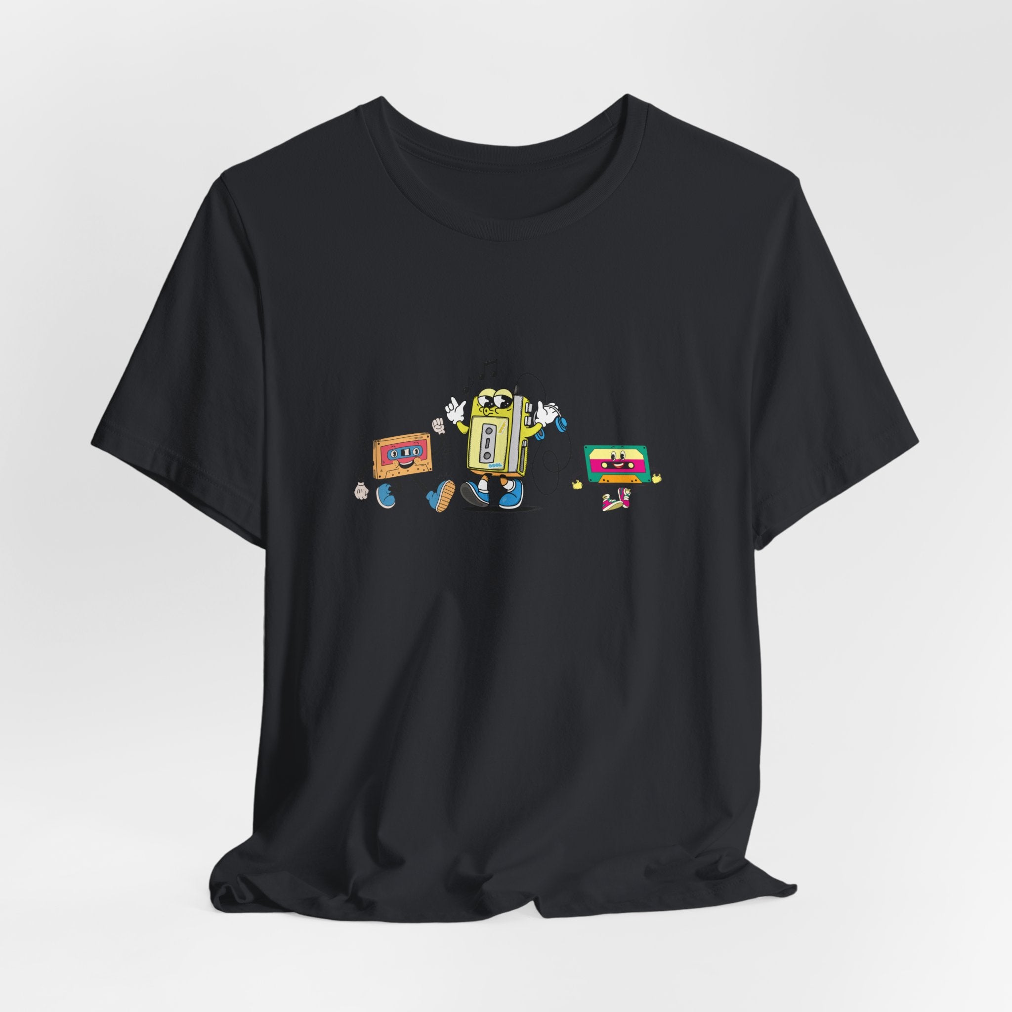 Black t-shirt with a colorful robot graphic on a white background
