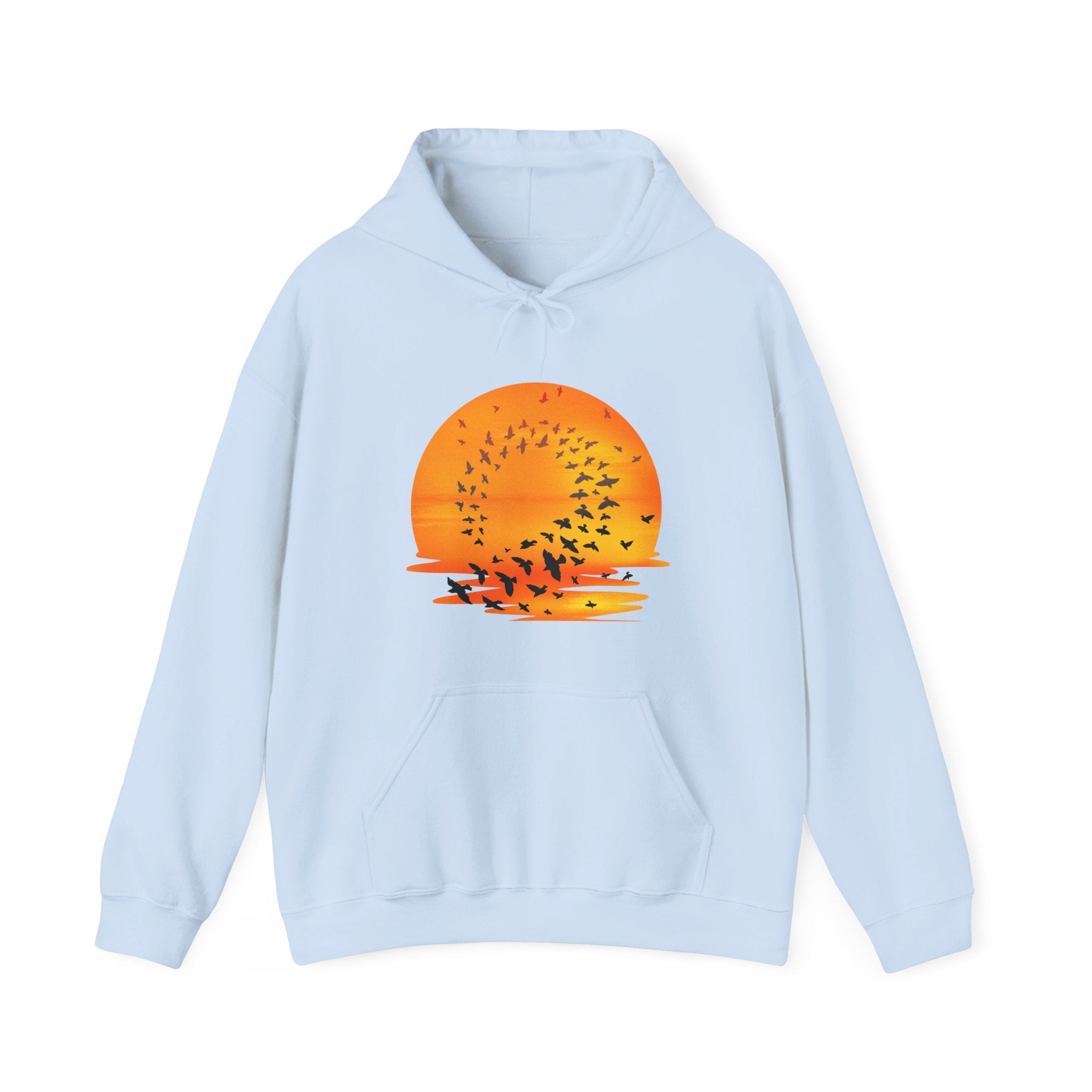 Light blue hoodie with a sunset and bird design on a white background