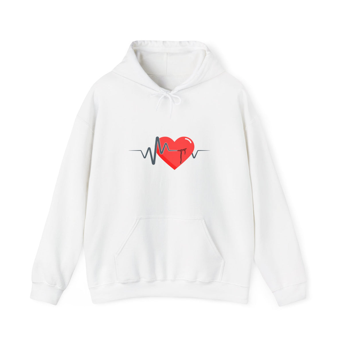 White hoodie with a heart and heartbeat line design on a white background