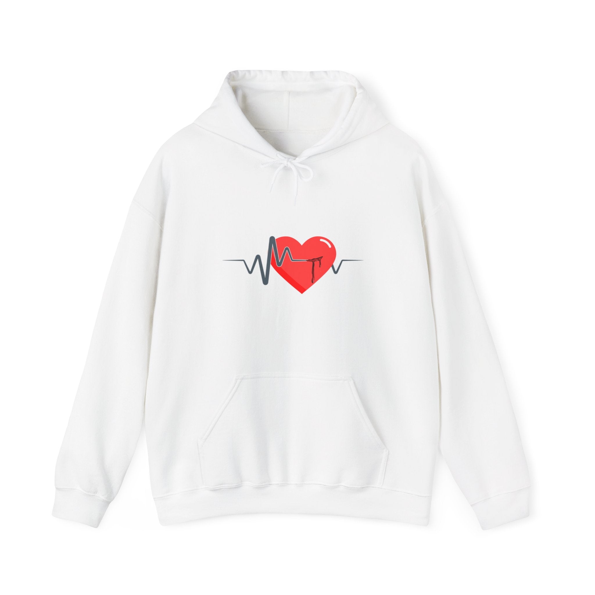 White hoodie with a heart and heartbeat line design on a white background
