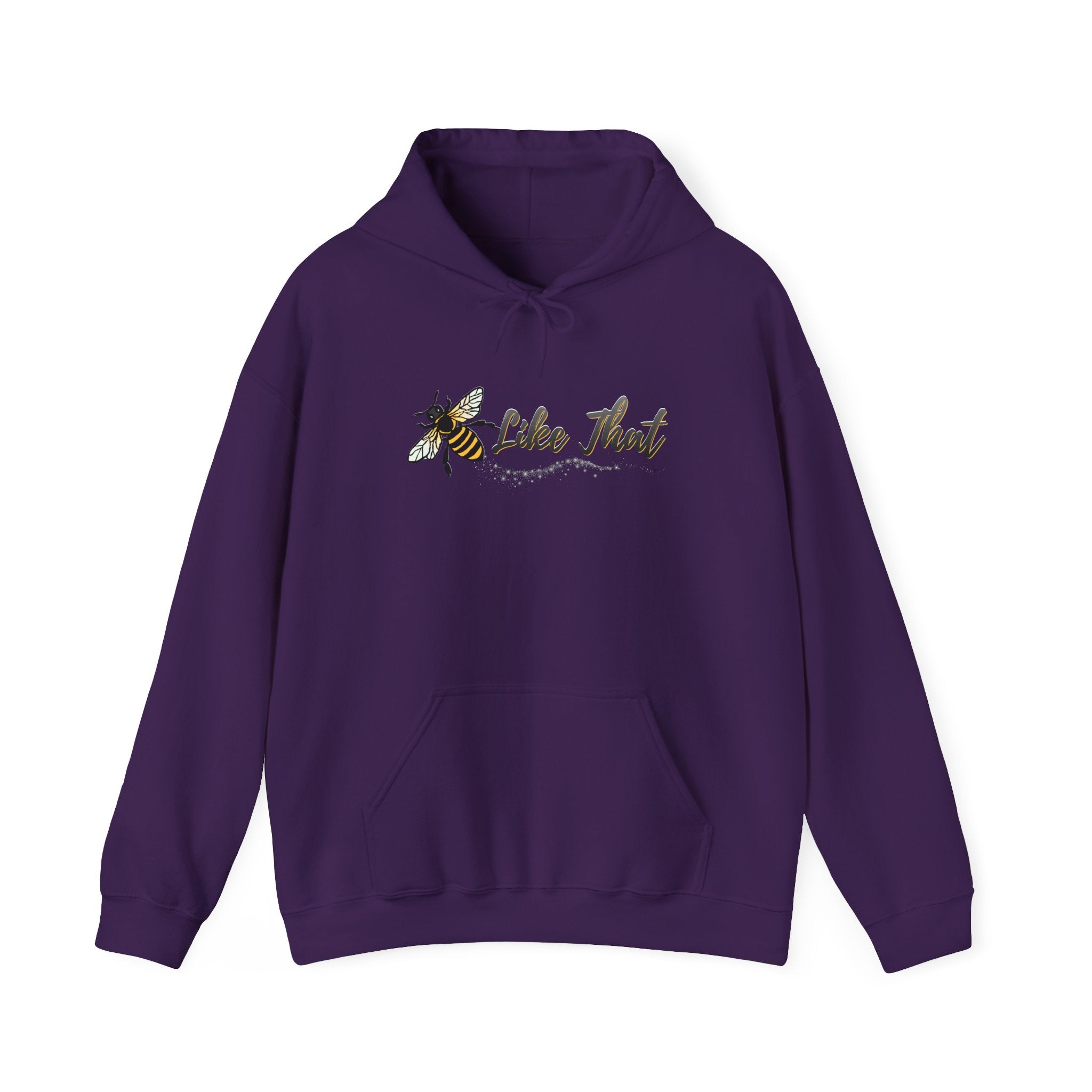 Purple hoodie with a bee and text "Like  That" design on a white background