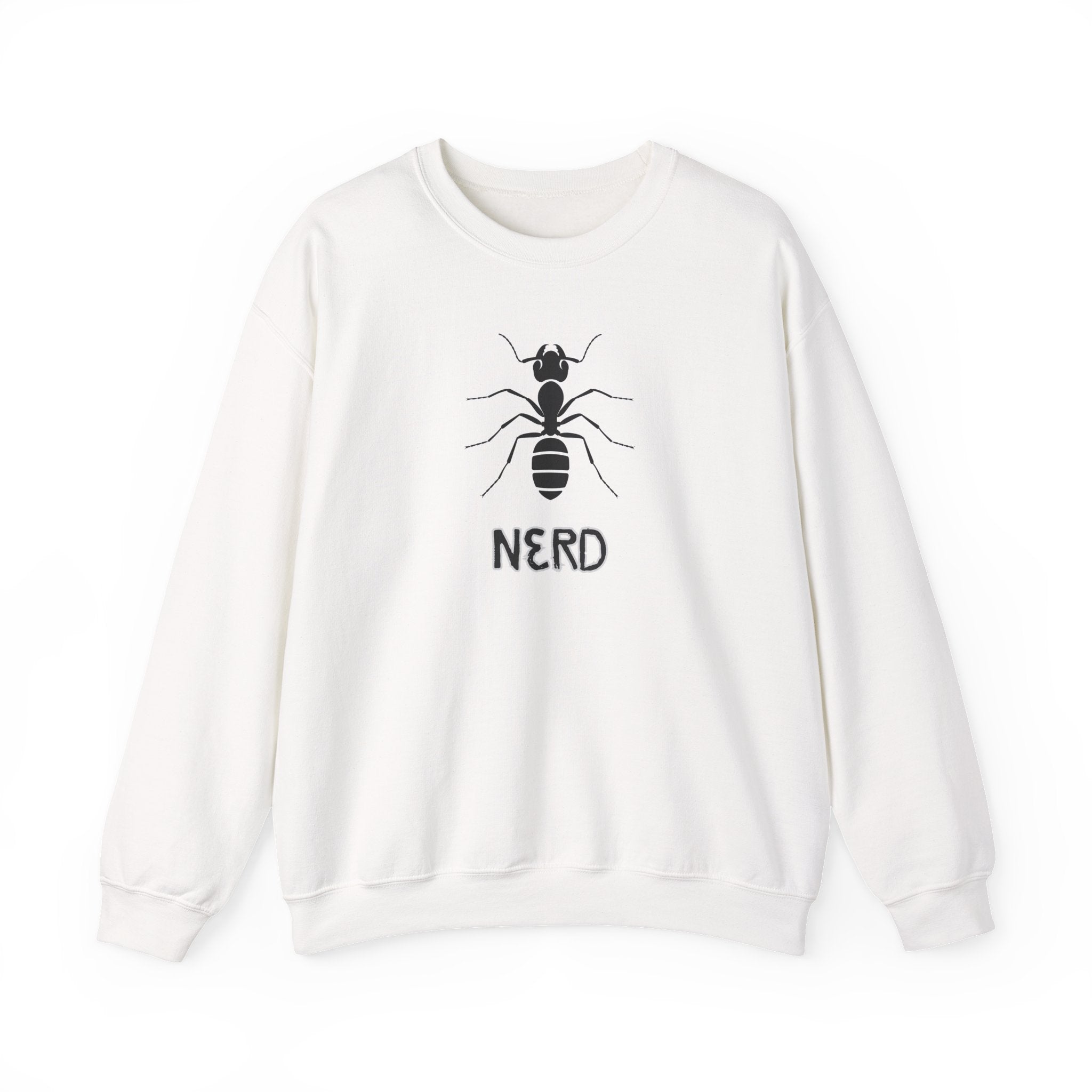 White sweatshirt with ant graphic and 'NERD' text on a white background