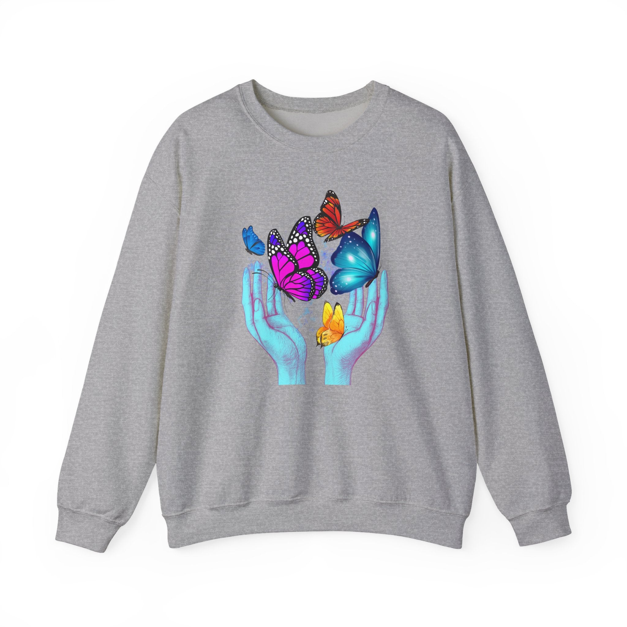 Gray sweatshirt with colorful butterfly design on a white background