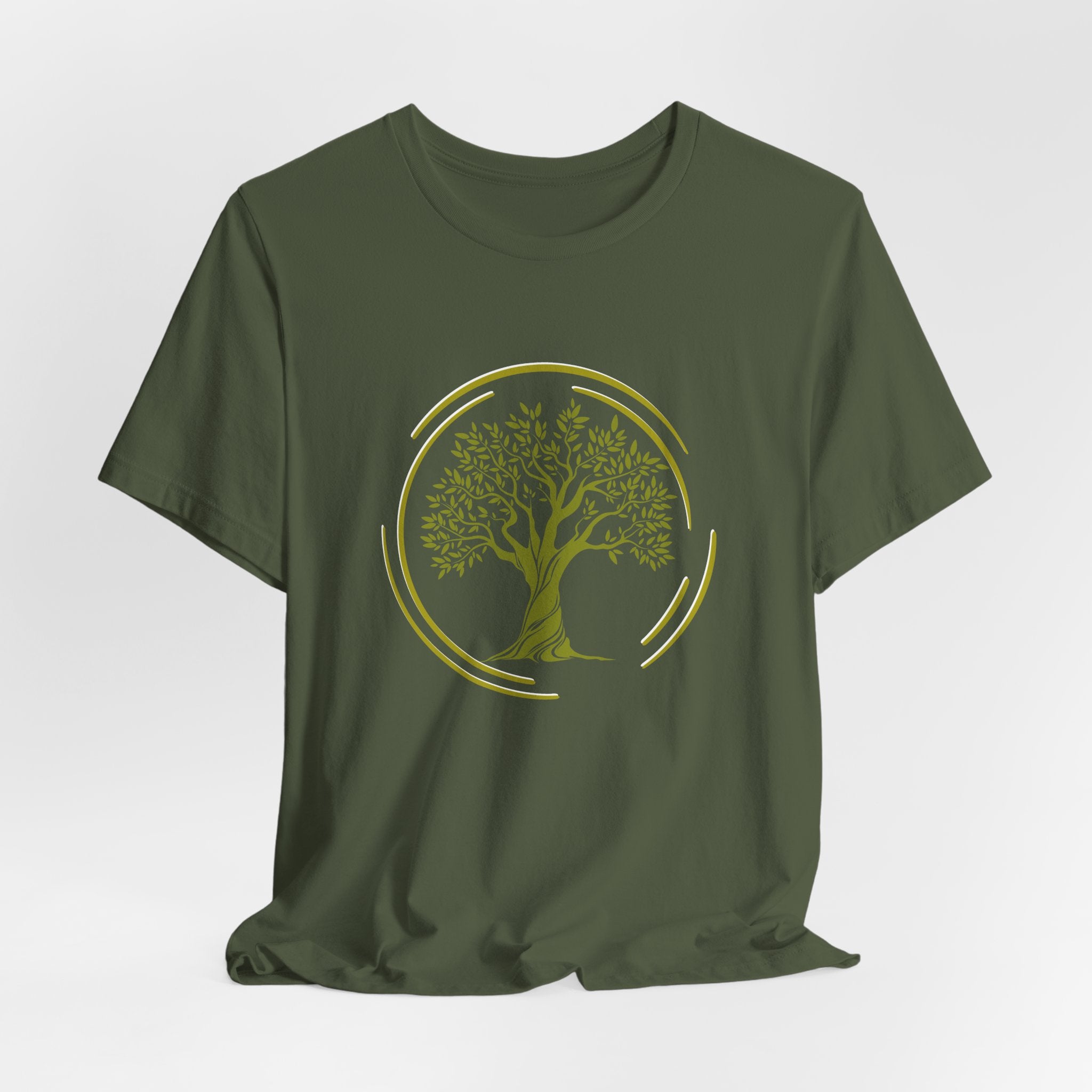 Green t-shirt with a graphic of tree inside the circle on a white background