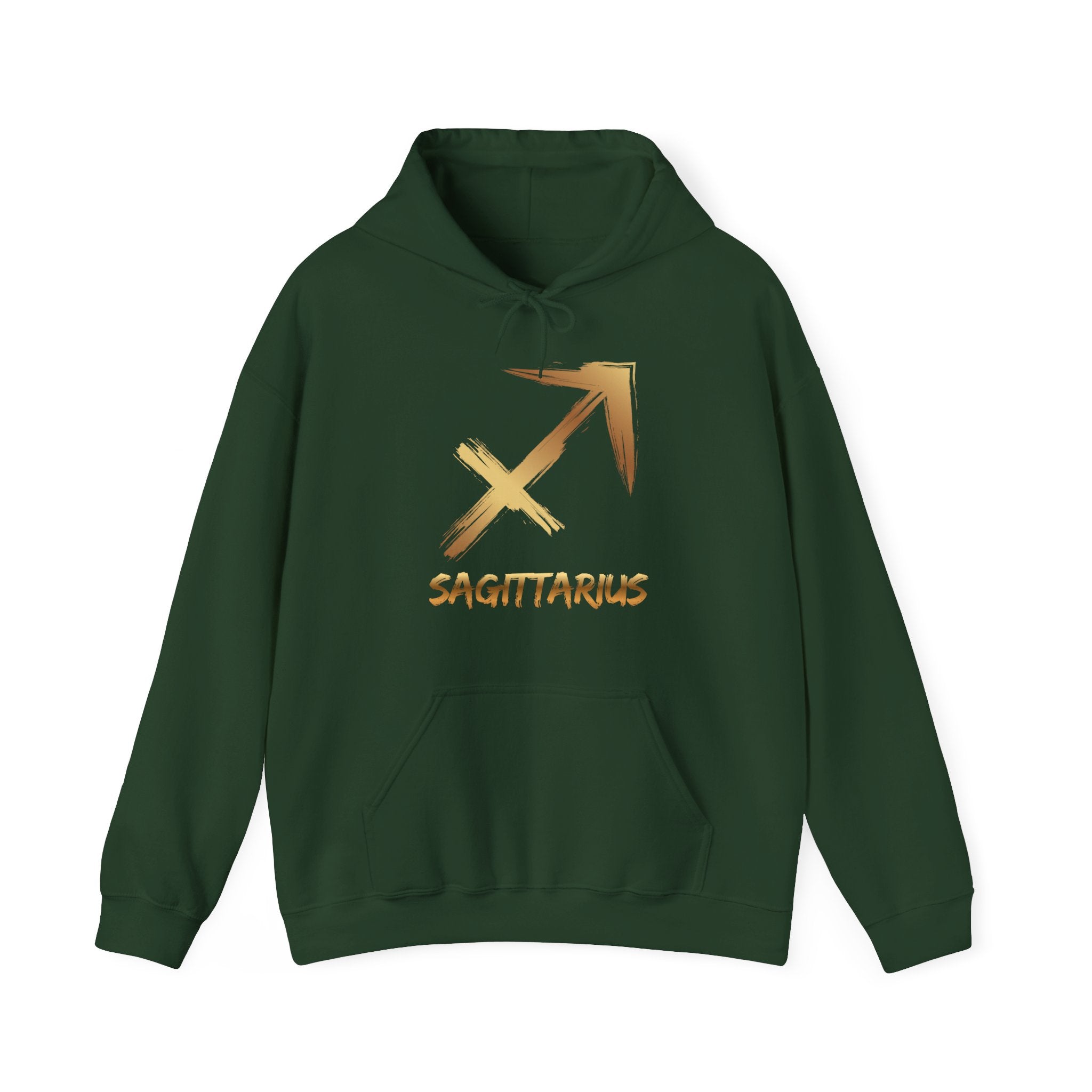 Green hoodie with gold Sagittarius logo and text on a white background