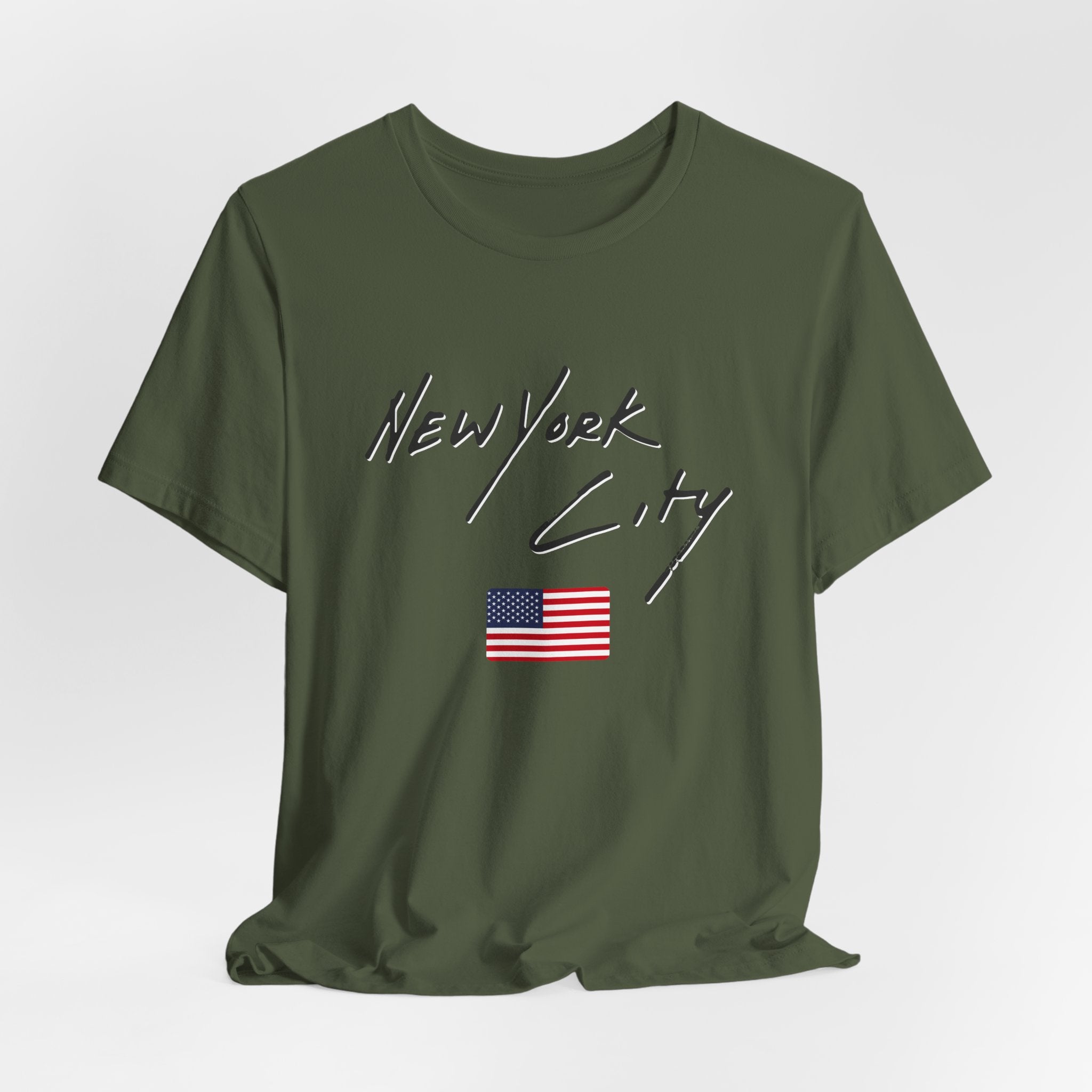 Green t-shirt with 'New York City' text and American flag on a white background