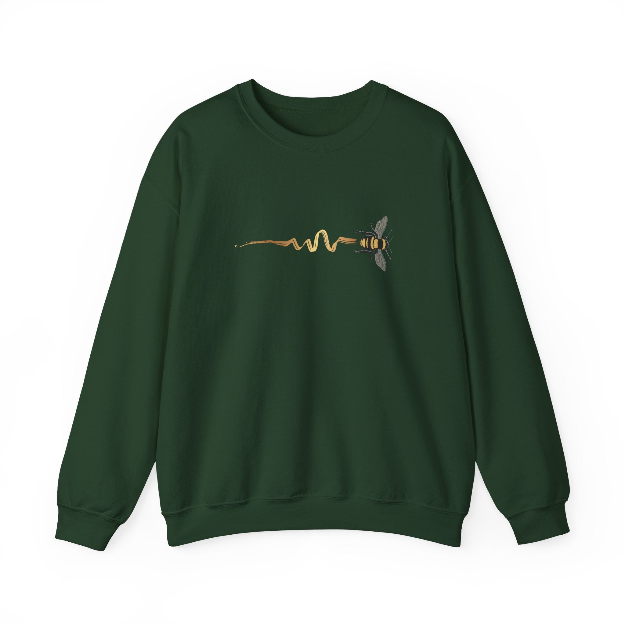 Green sweatshirt with a bee design on a white background