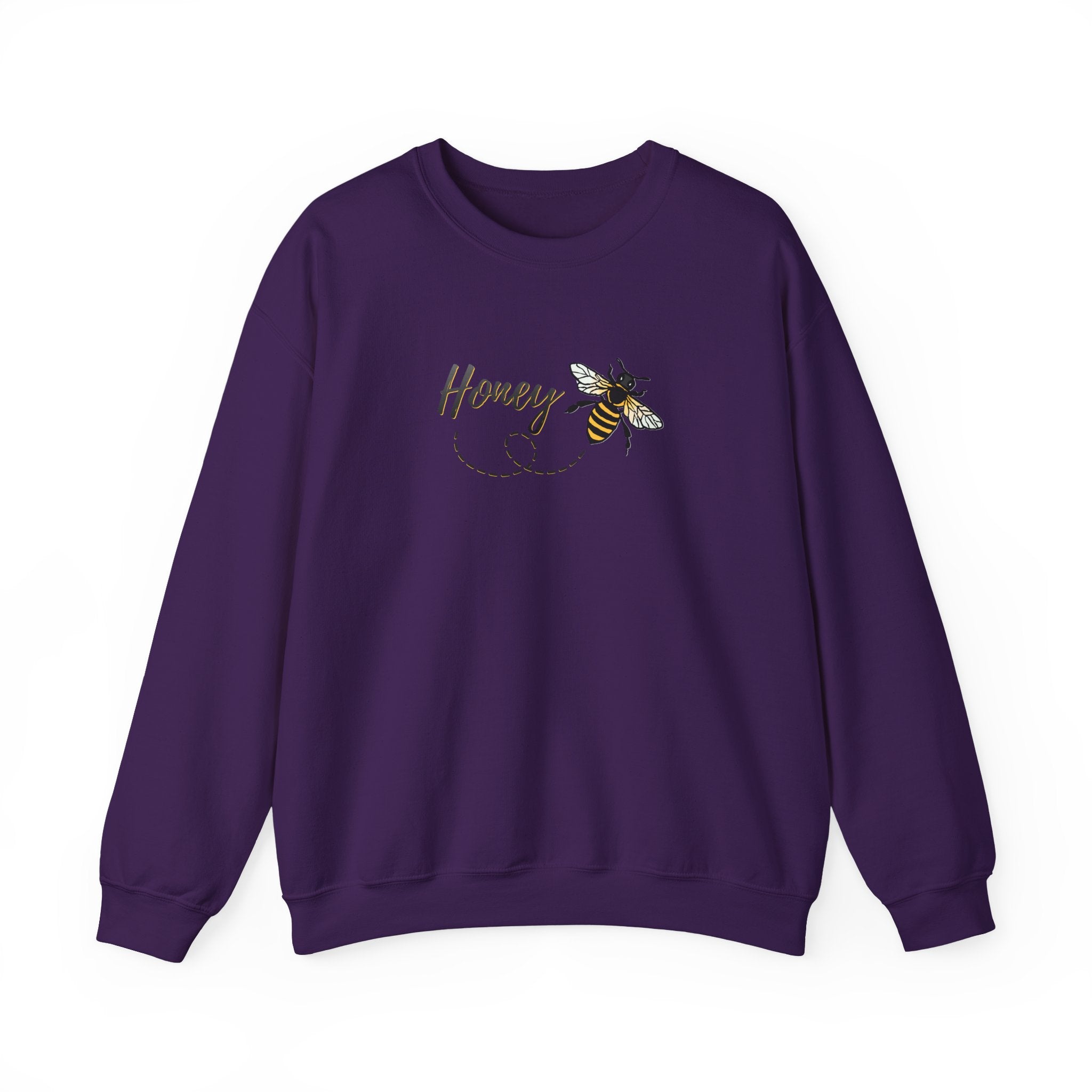Purple sweatshirt with bee and 'Honey' design on a white background
