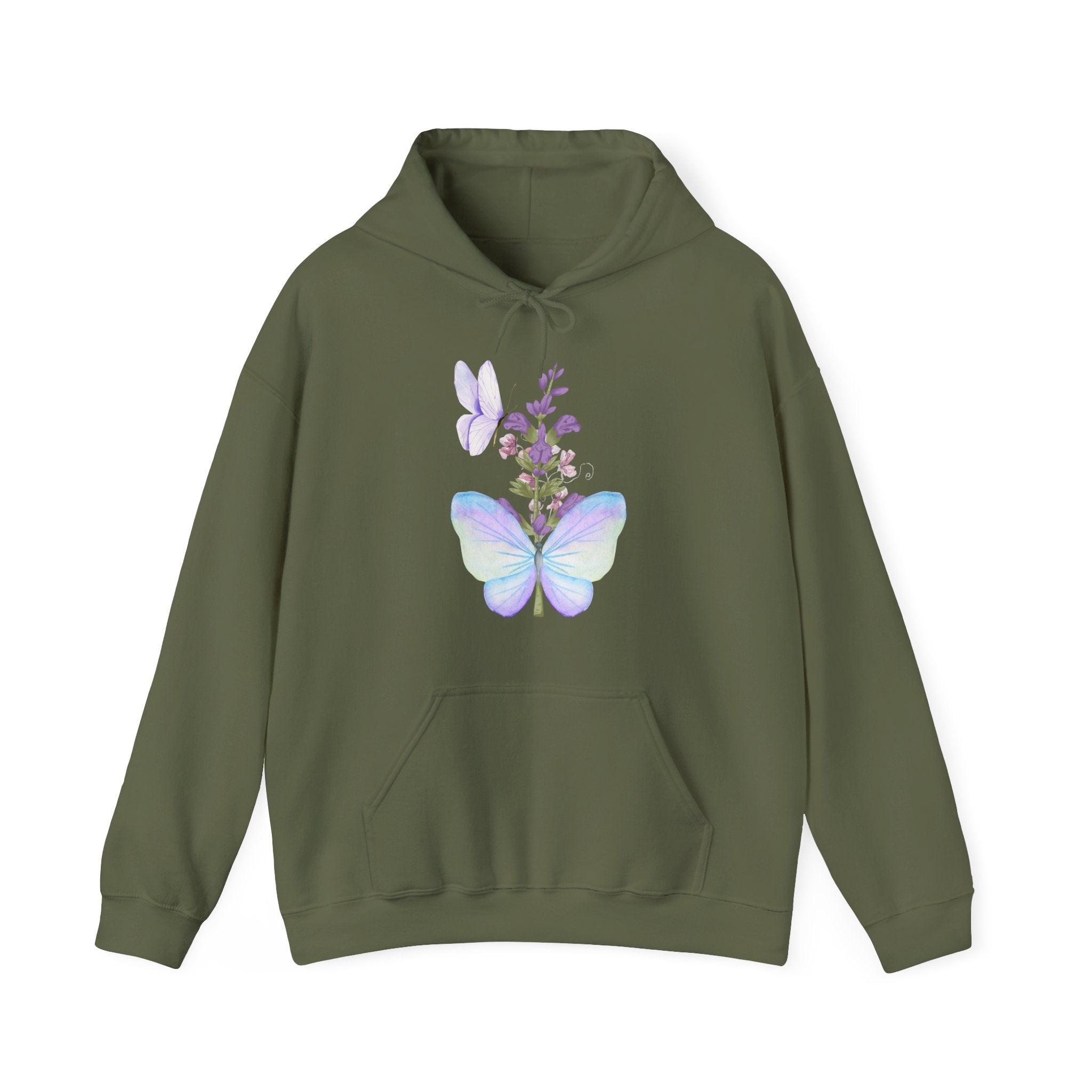 Military green hoodie with butterfly design on a white background