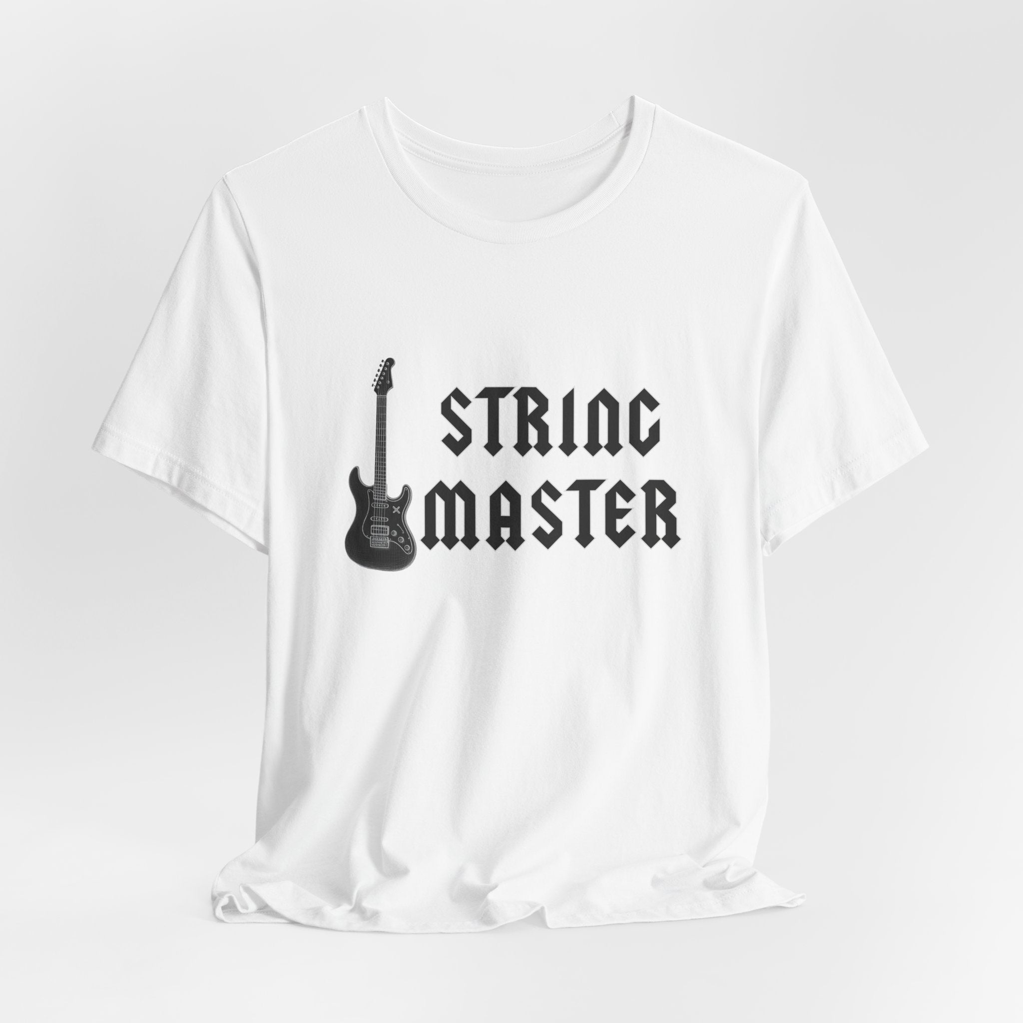 White t-shirt with 'String Master' and guitar graphic on a white background
