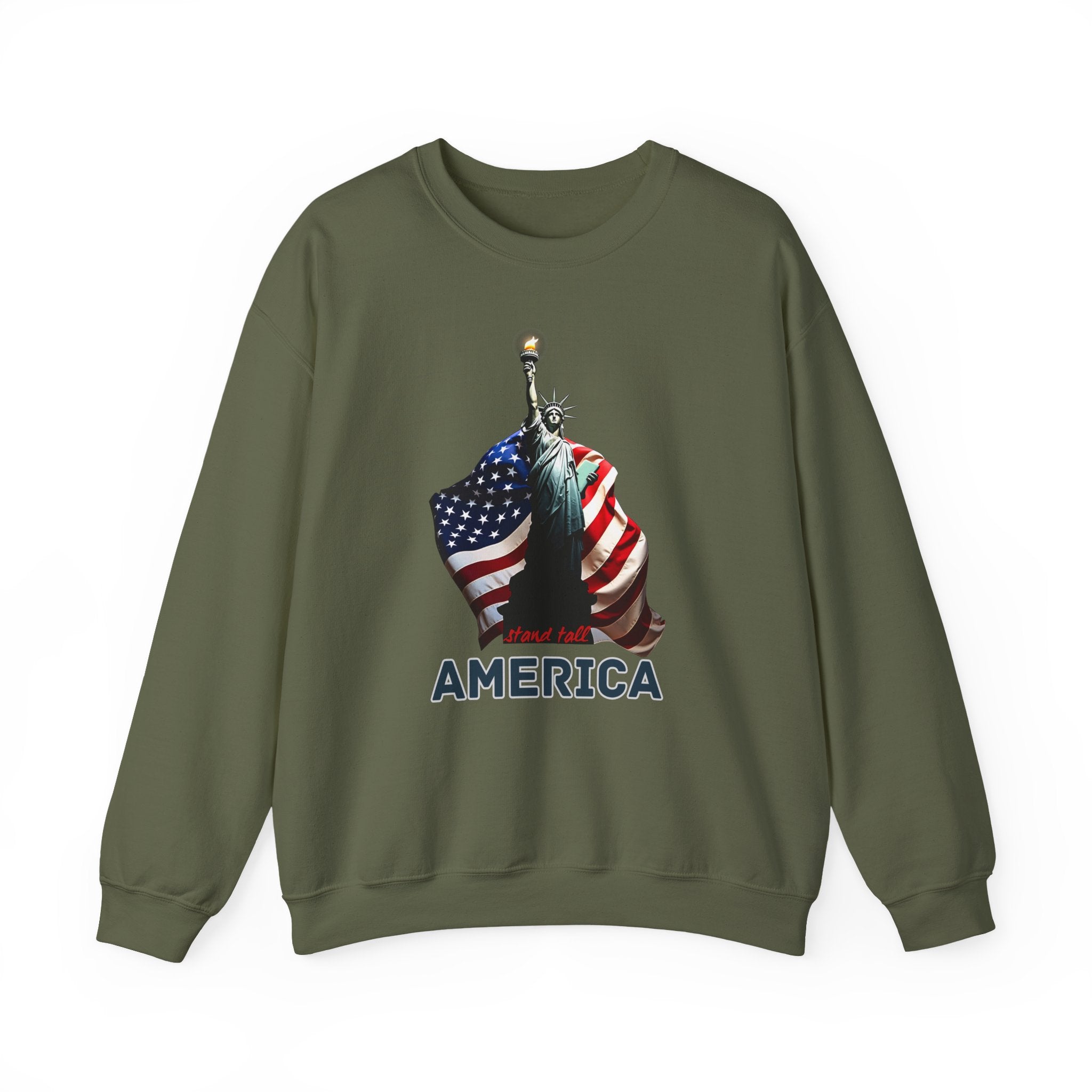 Green sweatshirt with American flag and Statue of Liberty graphic on a white background