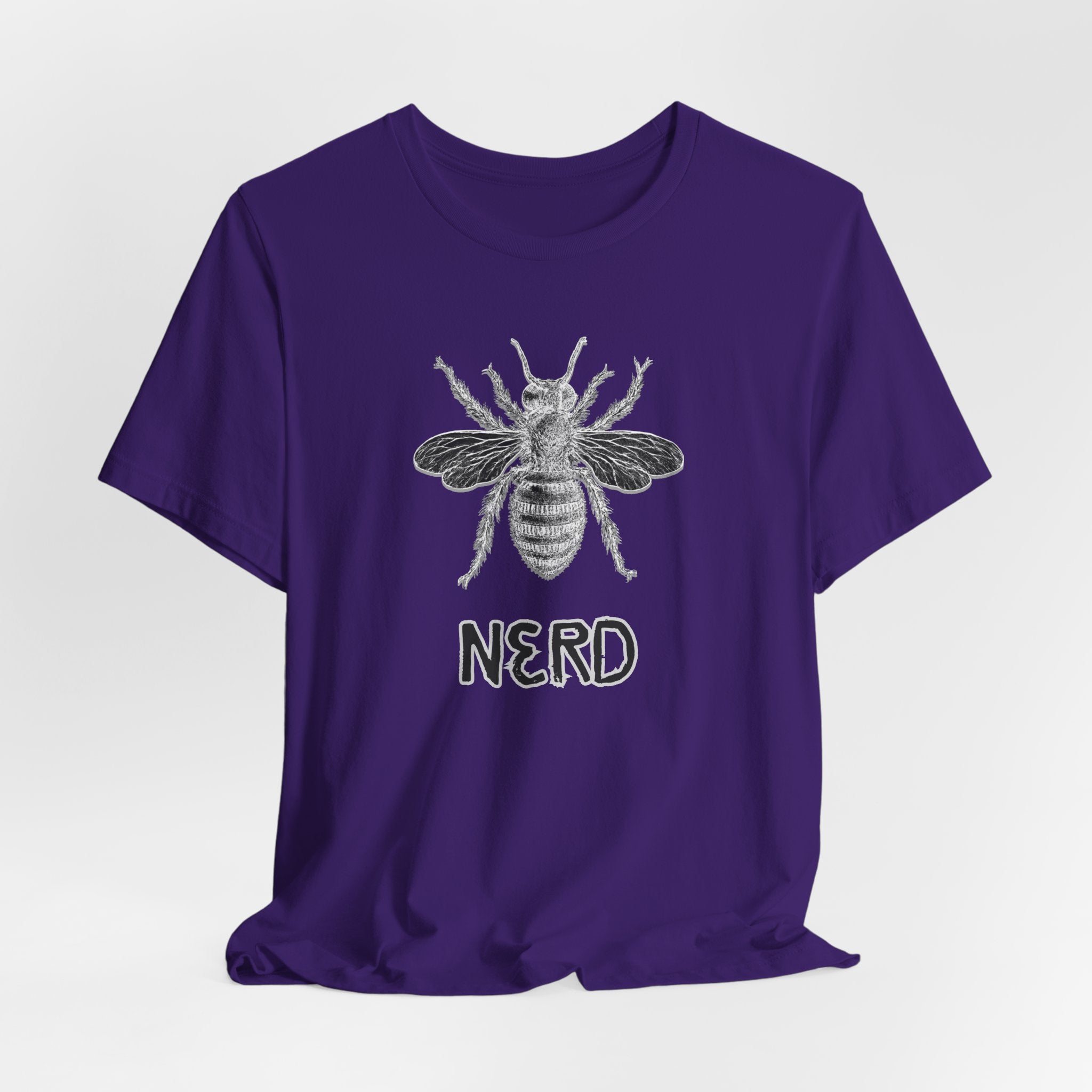 Purple t-shirt with a bee graphic and 'NERD' text on a white background