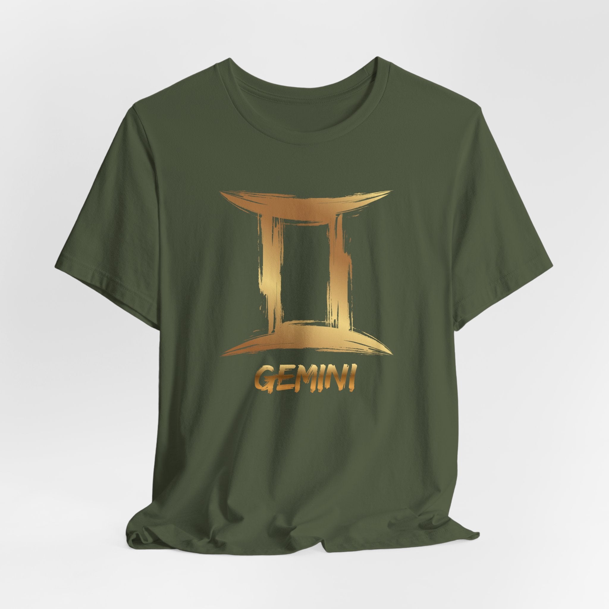 Green t-shirt with gold Gemini symbol on a white background